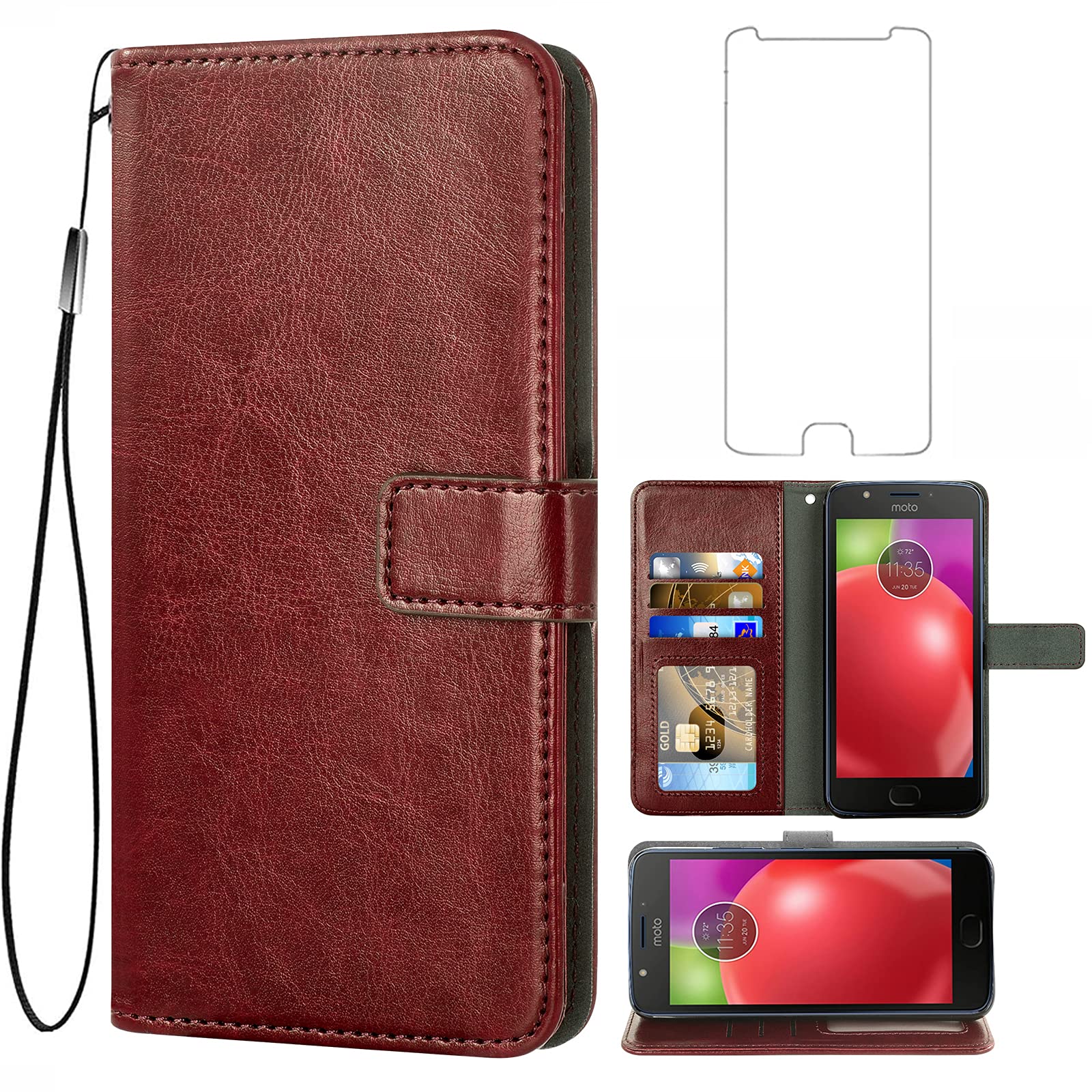 AsuwishCompatible with Moto E4 2017 Motorola E 4th Gen Generation Wallet Case (Not Fit Moto E4 Plus) Tempered Glass Screen Protector Cover Card Holder Stand Phone Cases for motoe4cases Motoe4 Brown