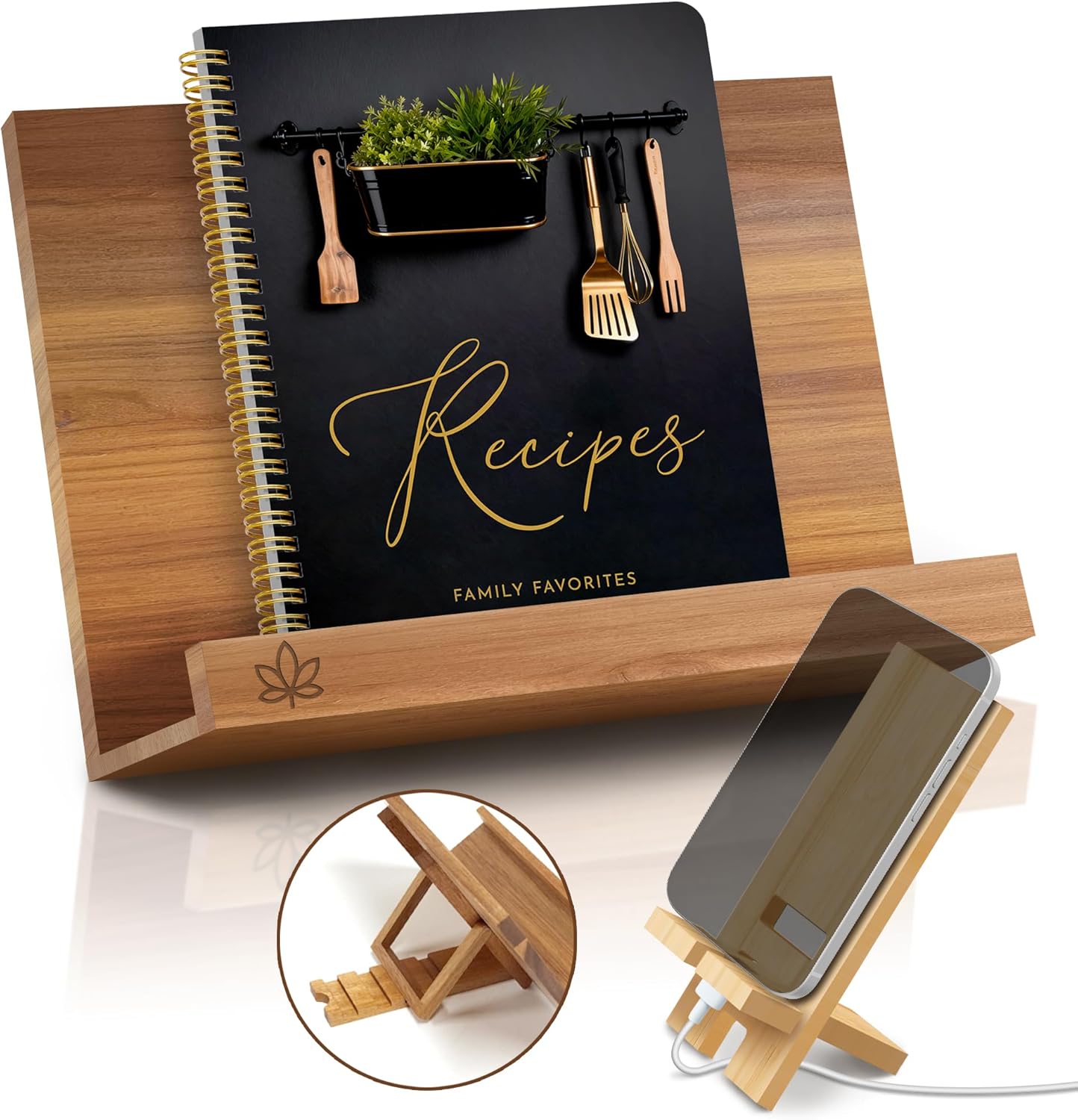 Wooden Cookbook Stand – Handmade Acacia Recipe Holder for Kitchen Counter | 4 Ergonomic Angles for Hands-Free Reading | Book, Tablet & iPad Stand | Gift-Ready Box