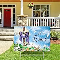 Vista 4 de Queekay Letrero de Pascua para patio, decoración al aire libre, letrero de jardín con texto en inglés "Happy He Is Risen", letrero de pascua