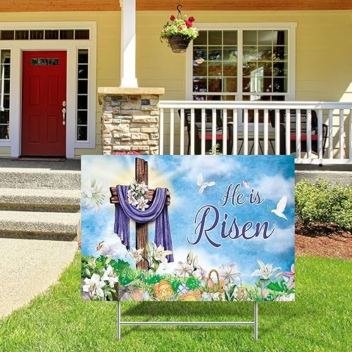 Miniatura 4 de Queekay Letrero de Pascua para patio, decoración al aire libre, letrero de jardín con texto en inglés "Happy He Is Risen", letrero de pascua