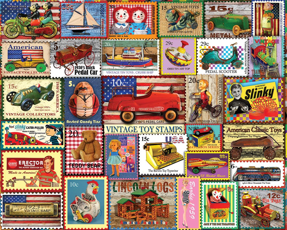 White Mountain Vintage Toy Stamps 1000 Piece Puzzle for Adults Fun Collage Jigsaw Puzzles for Summer