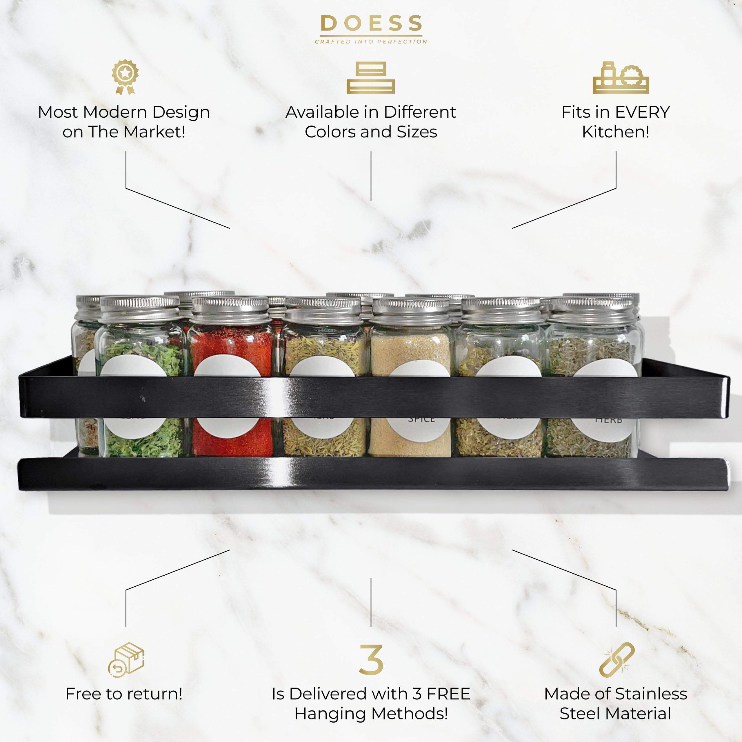 Portaspezie-Contenitori spezie- da cucina-Portaspezie da appendere-Portasapone-Organizzatore per spezie-Cestino per spezie (Nero, 40 CM)