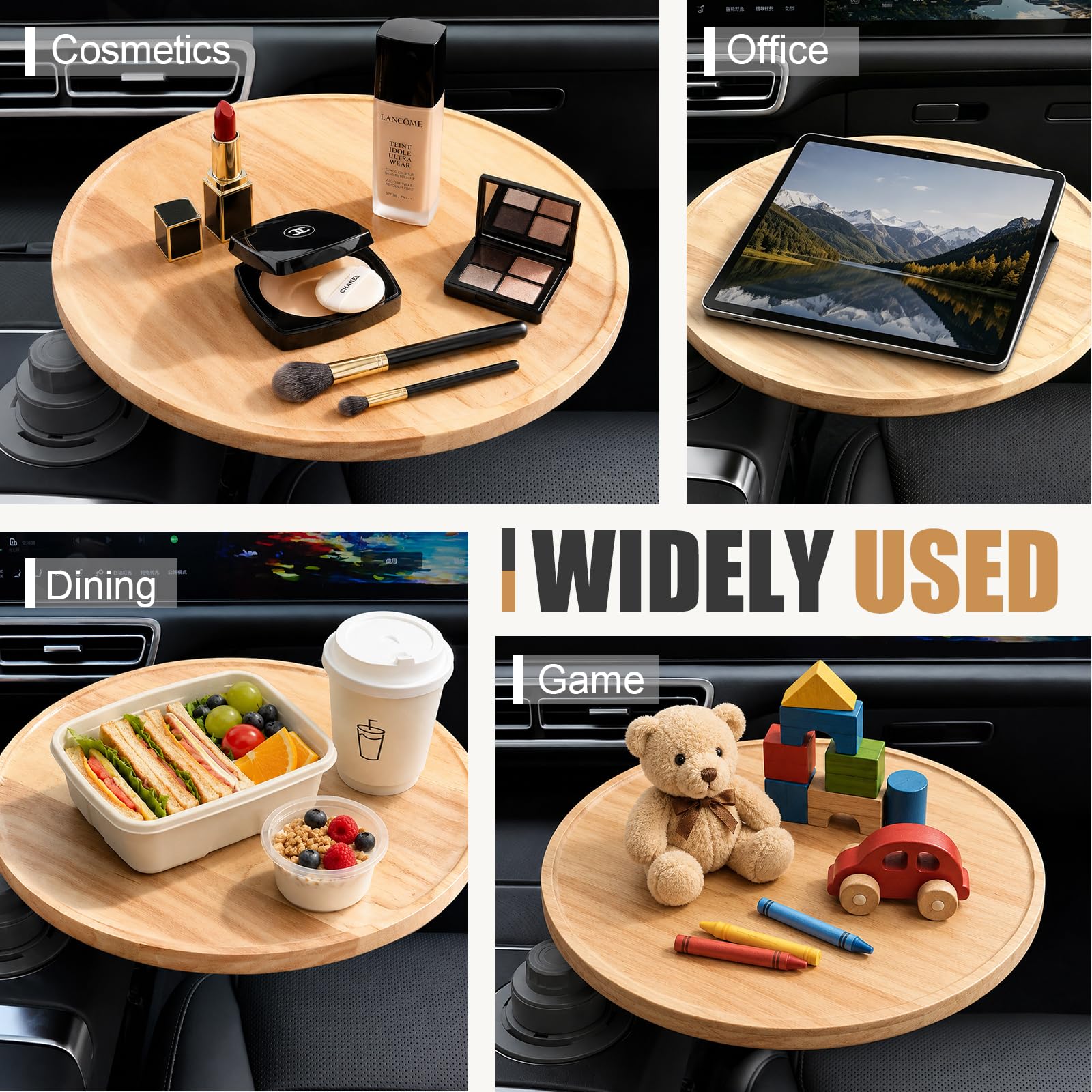 Autotisch aus Massivholz, 360° drehbar, passend für Getränkehalter (6,5–9 cm), 33×28 cm oder Ø33 cm, 1,3 cm dick, mit erhöhtem Rand, für Essen, Arbeit & Make-up im Auto (Ø33 cm)