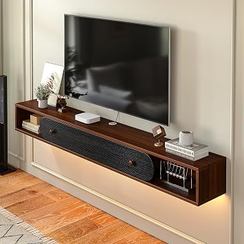 Floating TV Stand,140cm Wall Mounted Media Console,Floating TV Unit with 1 Door & 2 Open Cabinets,Easy Assembly for Living Room & Bedroom,Walnut and Black