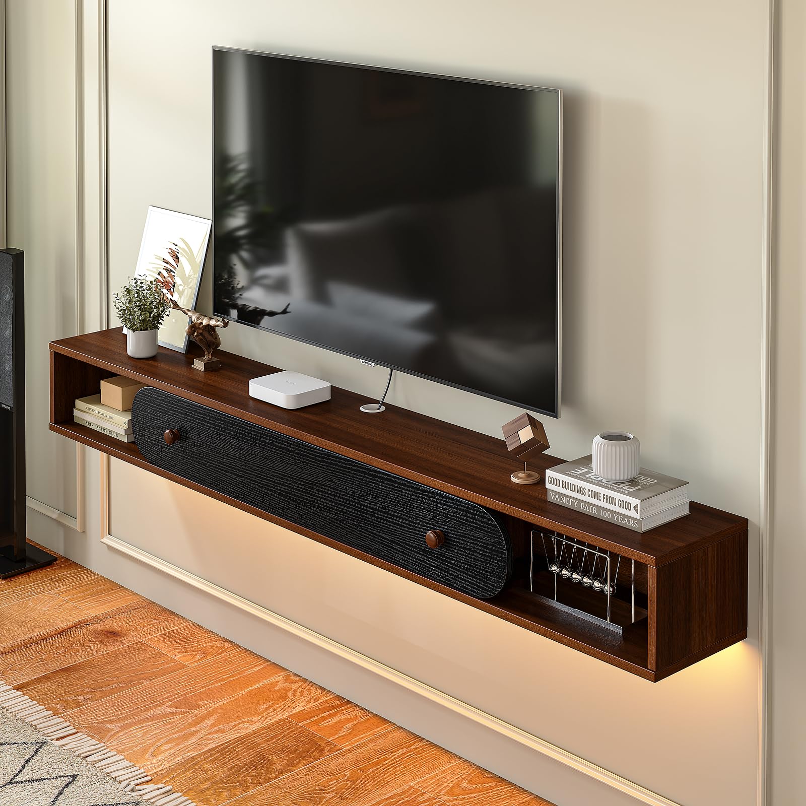 FloatiCasa 140cm Walnut & Black Floating TV Stand, 1 Door & 2 Open Cabinets