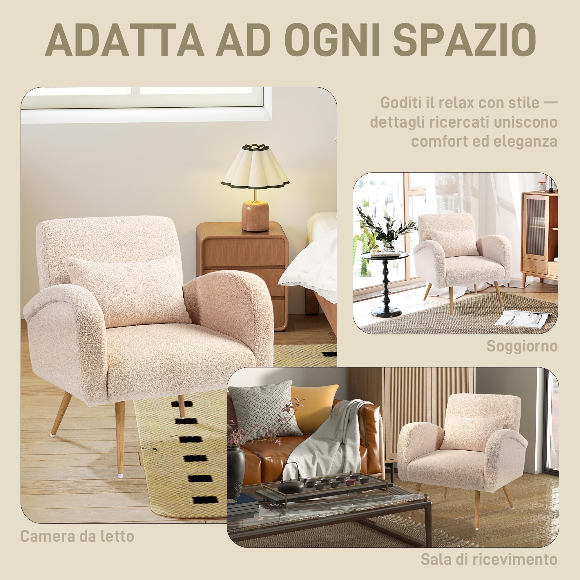 HOMCOM Poltrona per Salotto Imbottita, Poltroncina da Camera in Tessuto Teddy con Cuscino Lombare, Poltrona da Lettura con Gambe Effetto Legno in Metallo per Soggiorno e Studio, 77x77x83 cm, Beige