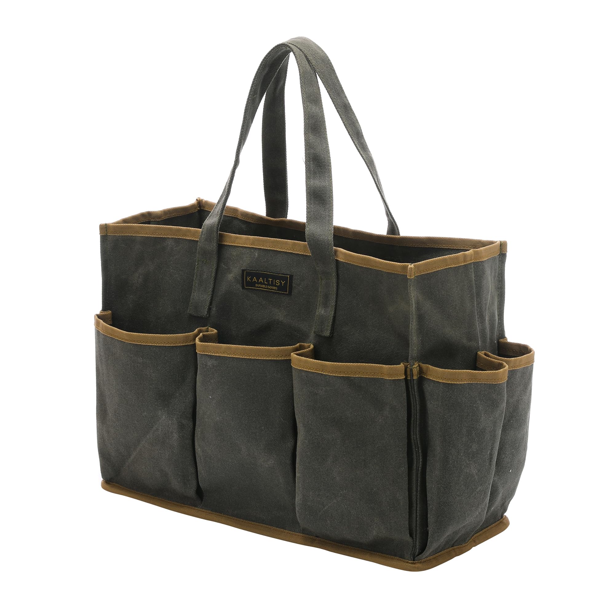 Kaaltisy Armygreen Tool Tote Bag, Heavy Duty 16Oz Waxed Canvas Garden Tool Carrying Tote (Army Green), Portable 11 Pockets Tool Storage Bag | For Gardeners Electricians Handymen | 36 X 14 X 26.5Cm