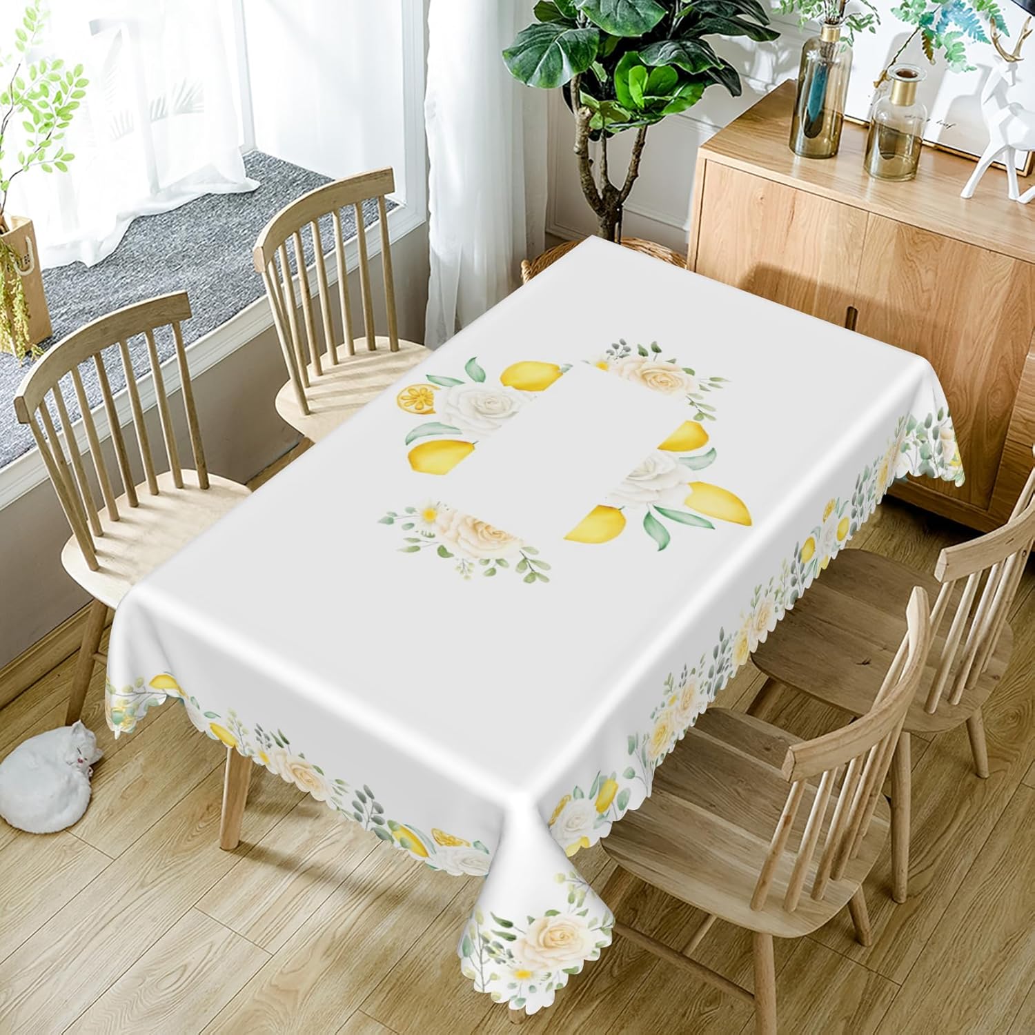 70x108inches Summer Lemon Tablecloth Fresh Lemon Floral Green Leaves Farmhouse Table Cover Stain Resistant Rectangle Table Cloth for Dining Room Kitchen Indoor Outdoor Banquet Party Decor