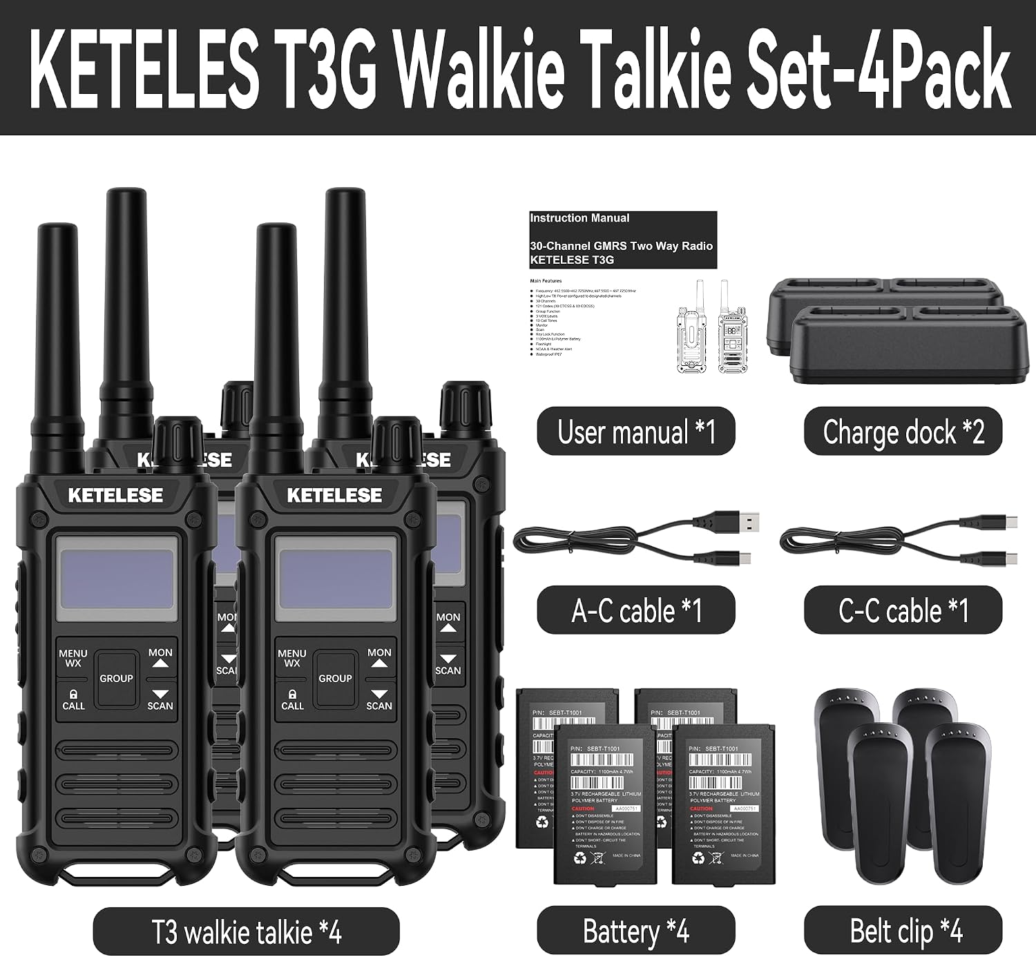 KETELESE T3G IP67 Waterproof Walkie Talkies Rechargeable, Heavy Duty 2 Way Radios with Earpiece and Mic, Dock, USB, NOAA Weather Alert, Group PTT (4 Pack), Black/Grey