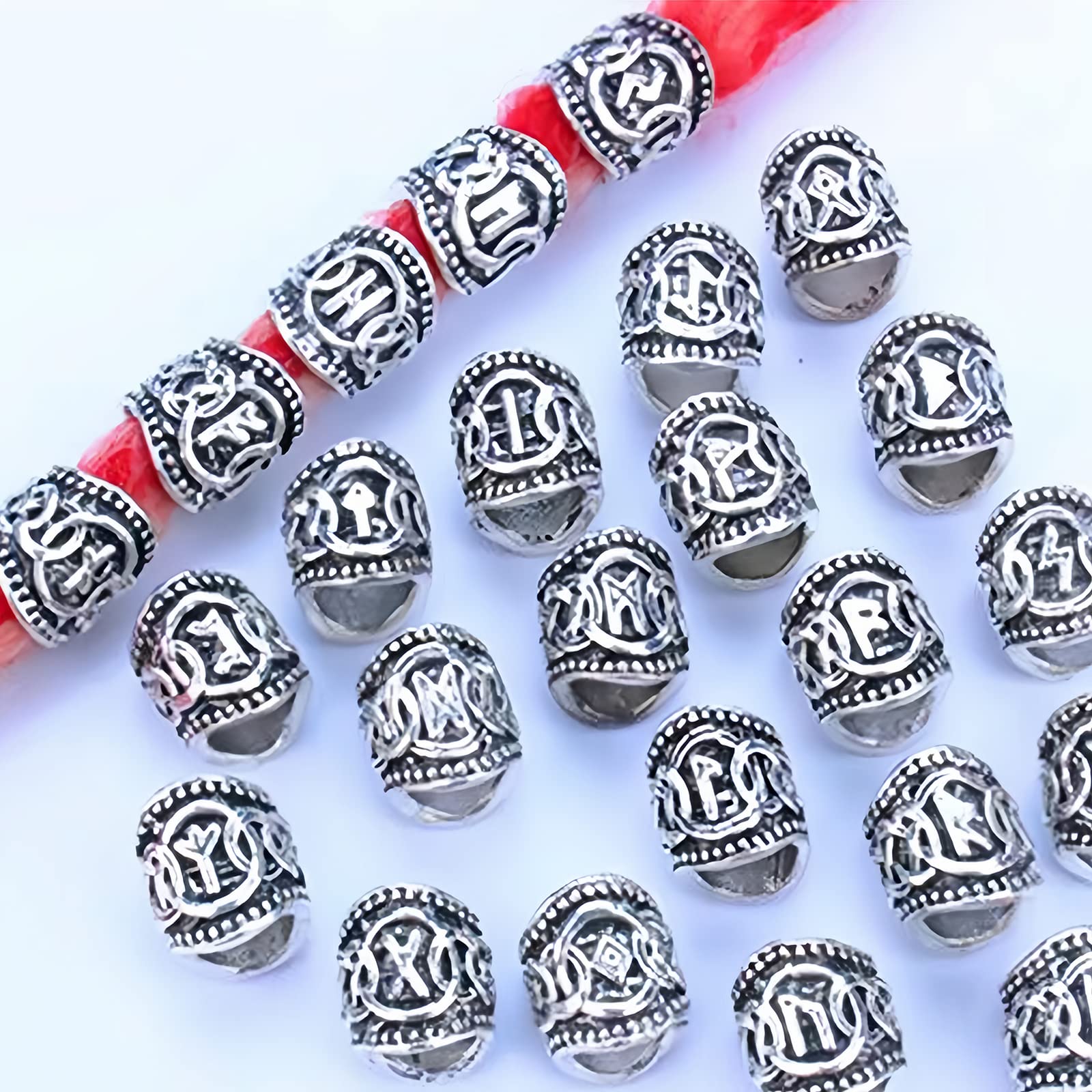 Perlas para barba vikingas, 24 unidades, 9 × 10 mm, perlas de runas vikingas, perlas vikingas, perlas para barba, vikingas para trenzas, collar, colgante de joyería (plata)