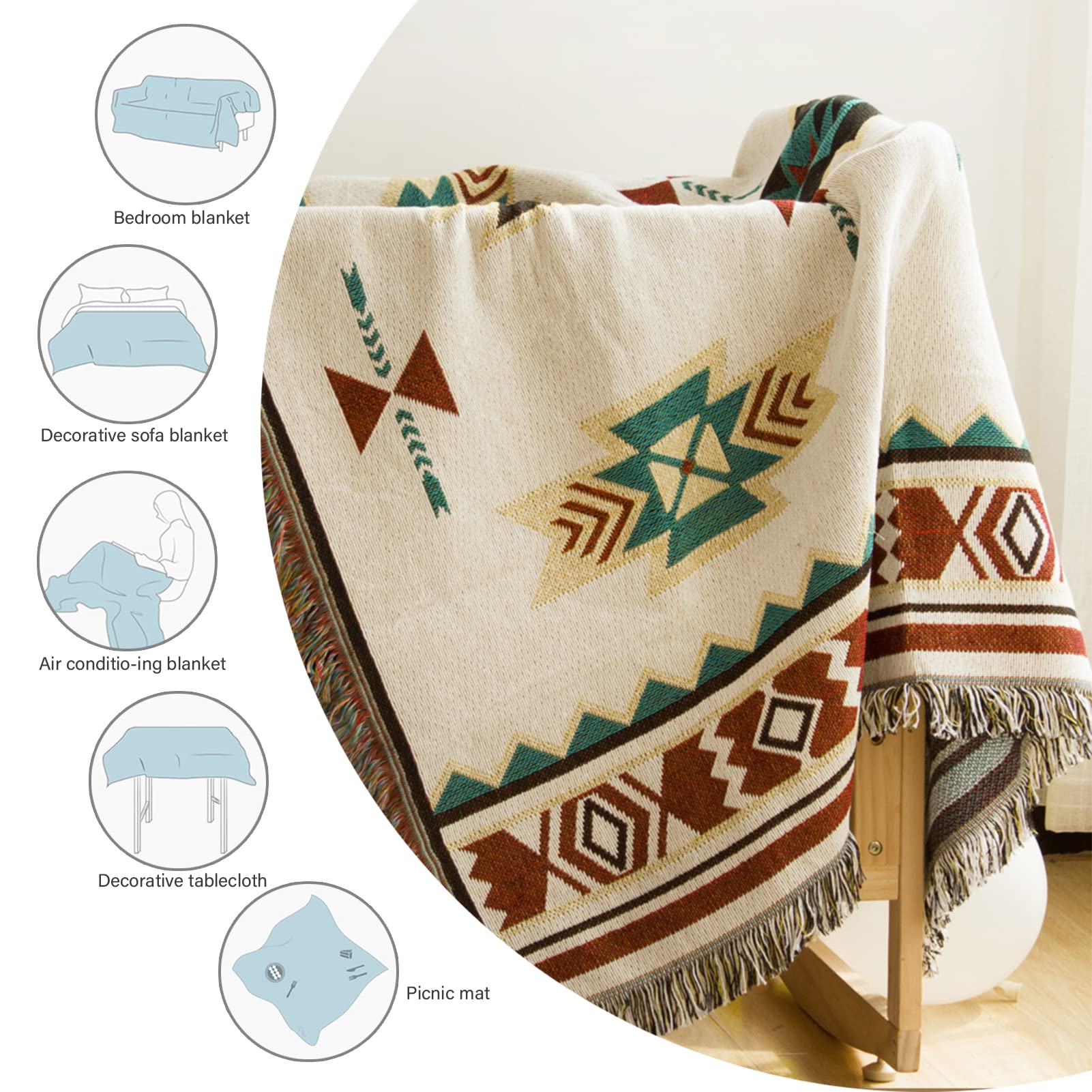 Elegancki pled, Navajo Aztecki etniczny narzuta na sofę, dzianinowy koc z frędzlami, dwustronna patchwork, do użytku wewnątrz i na zewnątrz, na kemping (wiele rozmiarów)