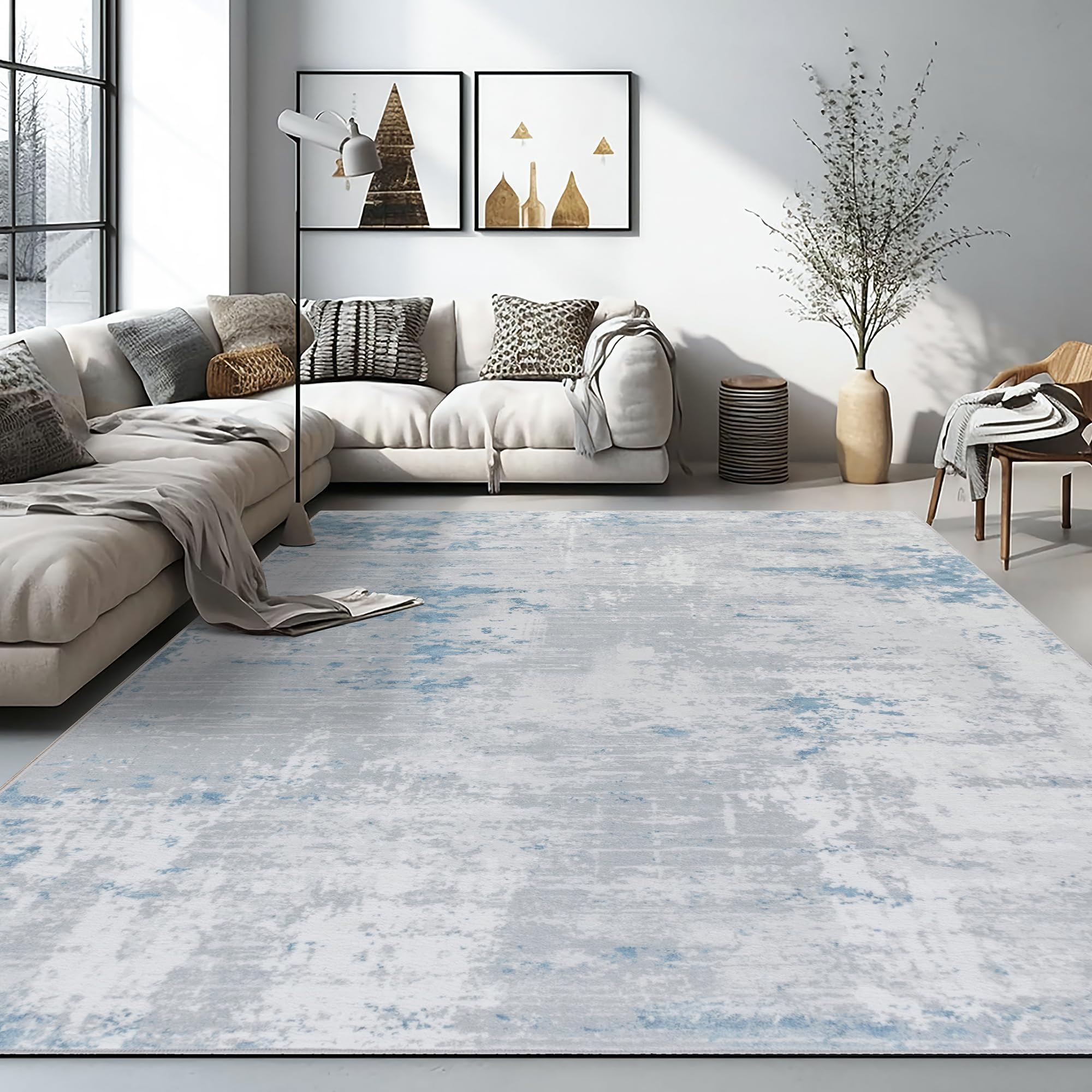 Auemtyn 8x10 Washable Area Rug - Modern Abstract Soft Thin Non-Slip Indoor Floor Carpet for Living Room Bedroom Dining Nursery Farmhouse - Grey Blue