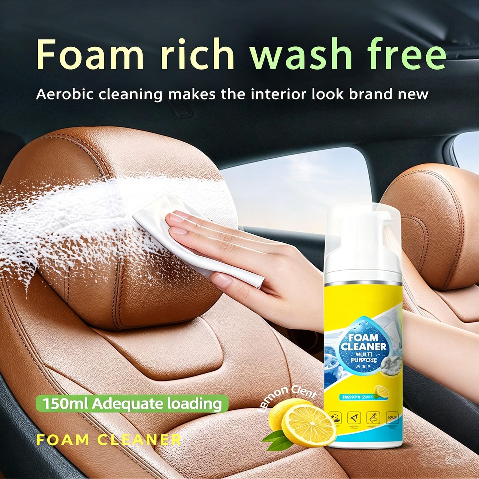 4-in-1 Multi-Enzyme Foam Cleaner 5oz, All-Purpose Deep Cleaning Spray for Car Interior, Kitchen Grease, Bathroom Tiles, Sofa Upholstery (2pcs)