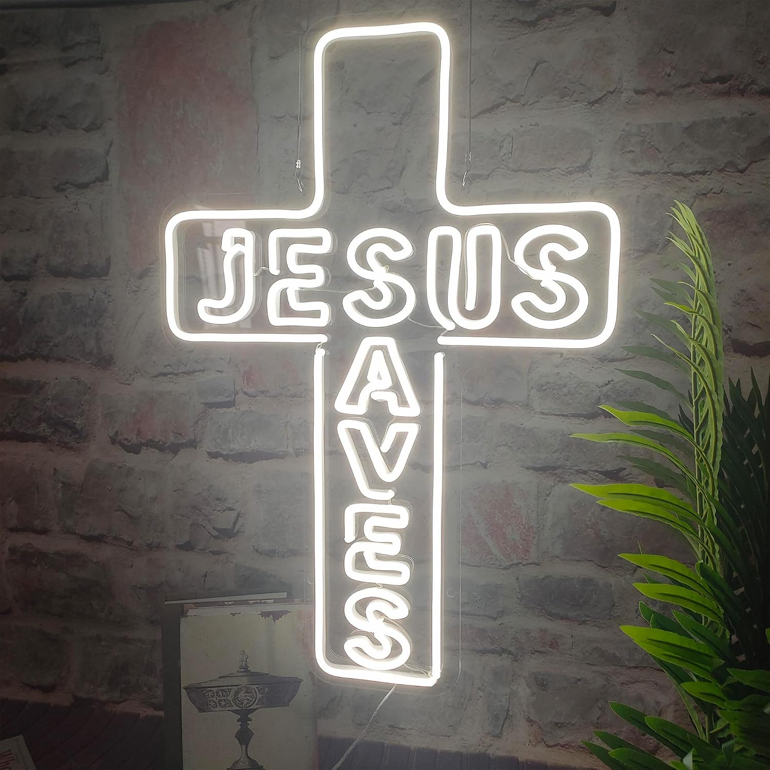 Jesus Saves Neon Sign 20x14'' LED Light White Cross 3D Art Signs Lights Memorial Christian Birthday Gift Religious Wall Decorative Lamp for Church Home Window