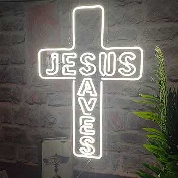 オーダーメイド　ネオンサインJESUS SAVES NEON管　14*9インチ DUNACO Jesus Saves Neon Sign 20x14'' LED Light White Cross 3D Art