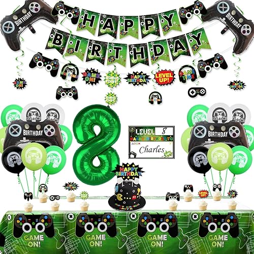 Decoraciones de fiesta de videojuegos  Decoraciones de cumpleaños número 8 para niños, pancarta de feliz cumpleaños, mantel de videojuegos, globos