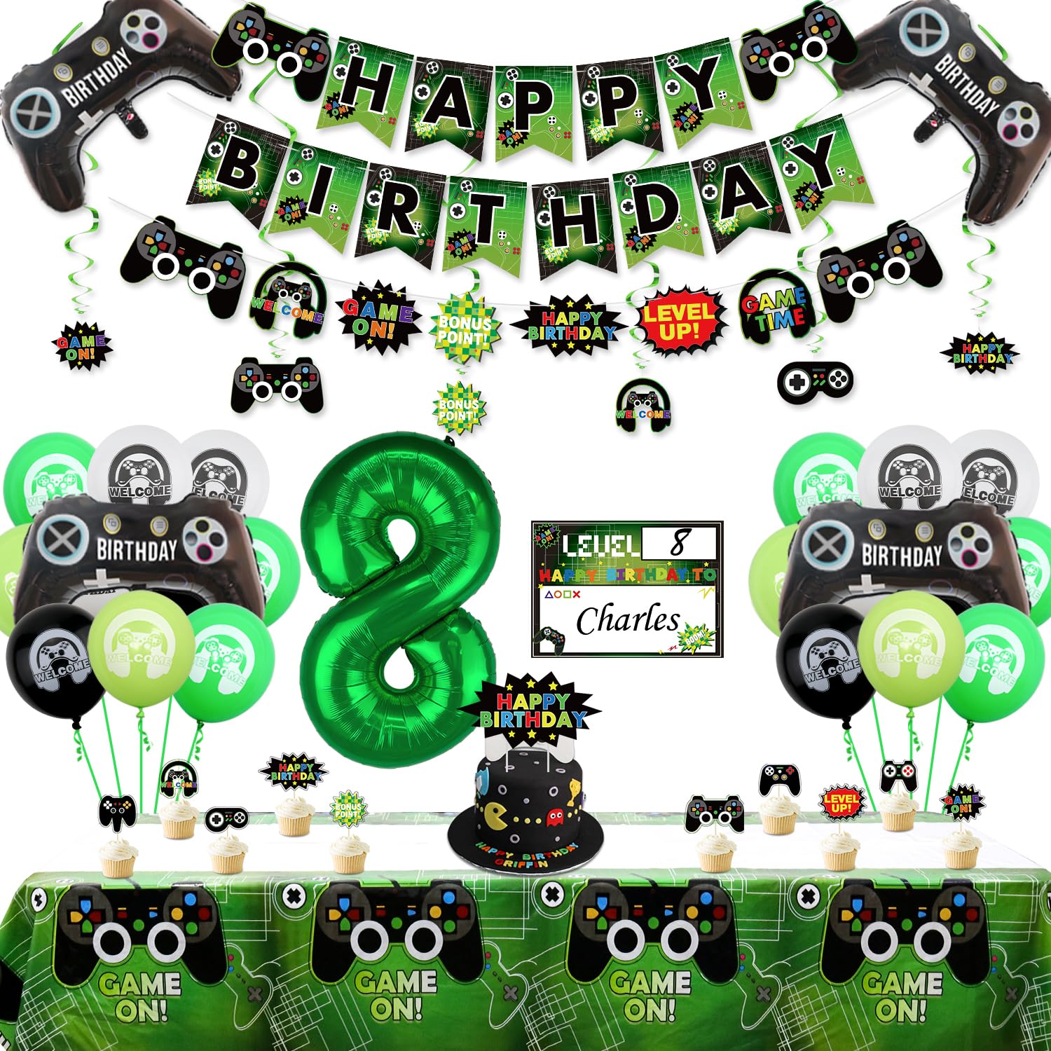 Video Game Party Decorations - 8th Birthday Decorations for Boys, HAPPY BIRTHDAY Banner, Video Game Tablecloth, Gaming Pattern Balloons, Controller