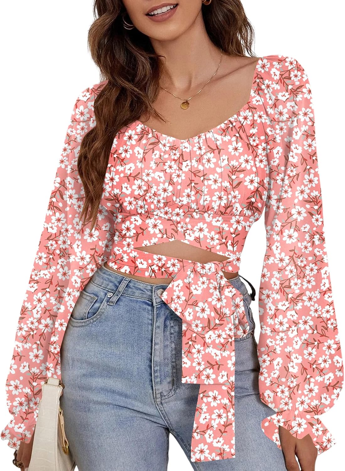 Rooscier Women's Ruched Wrap Square Neck Flounce Long Sleeve Self Tie Crop Top Blouse