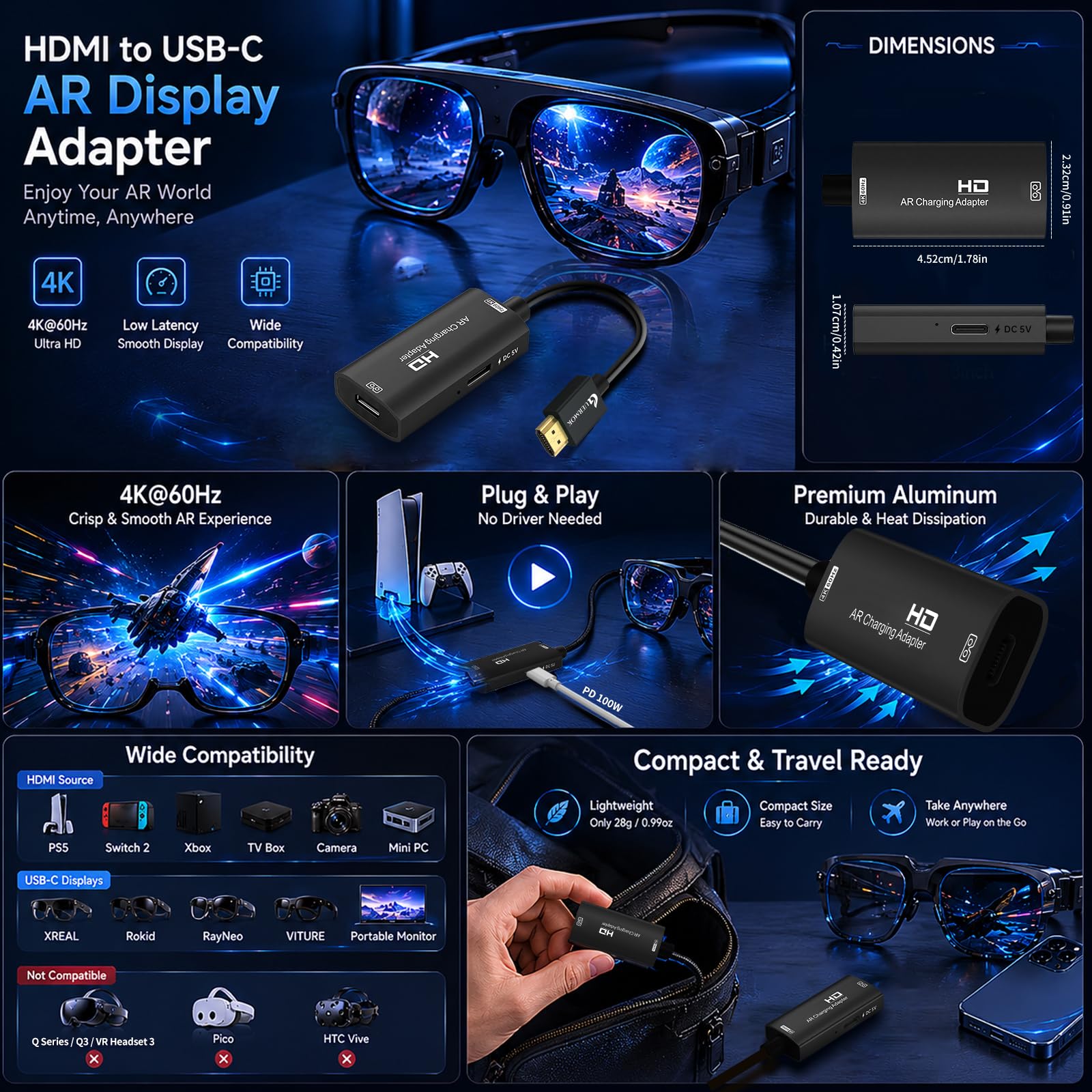 Guermok Adaptador HDMI a USB-C para gafas AR, convertidor AR 4K@60Hz con carga y puerto DC 5V – Compatible con XREAL One/Air 2 Pro, RayNeo, Rokid, Switch2/1, Xbox1, PS4/5, monitores portátiles (Negro)