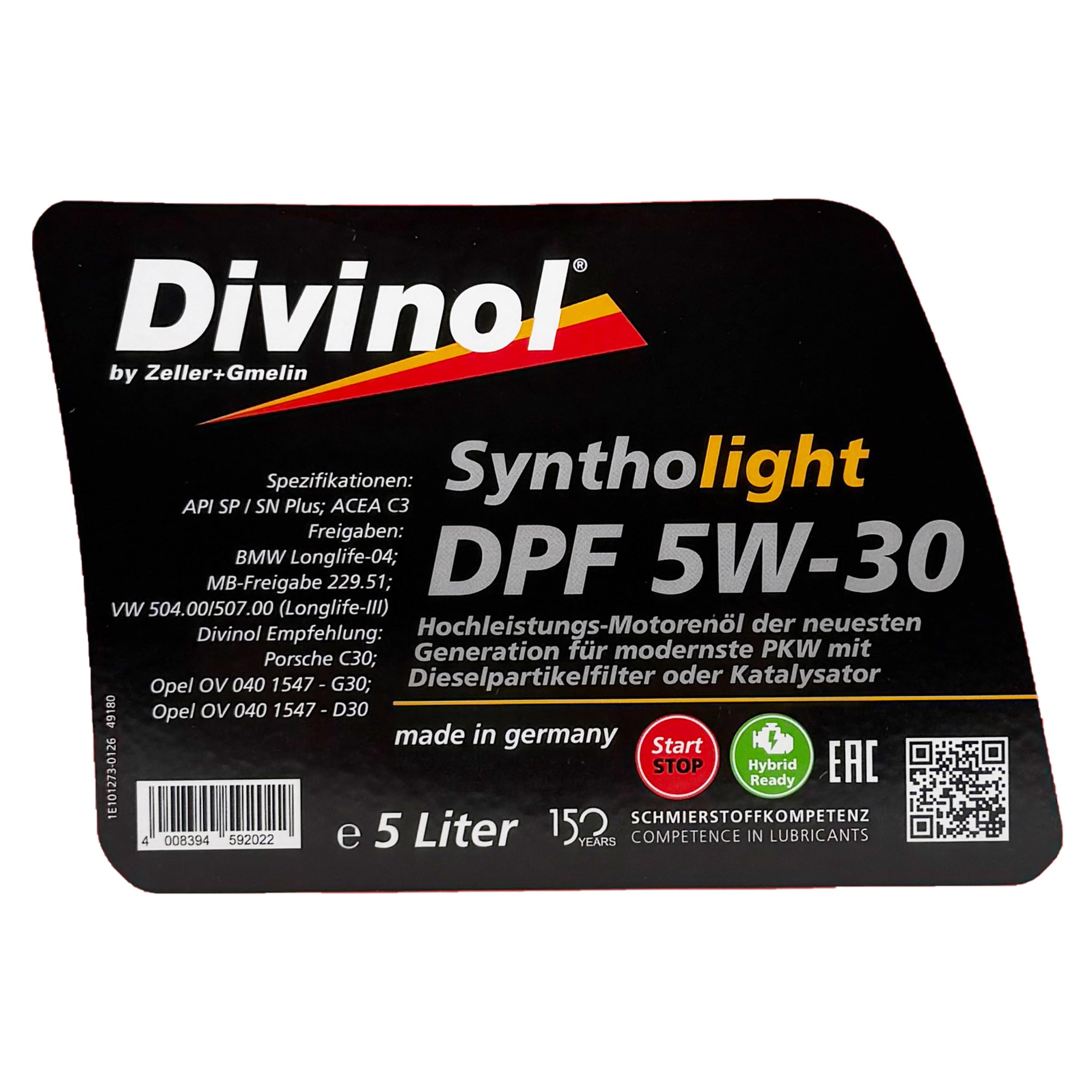 Divinol Syntholight DPF 5W-30 | 5 L | VW 504.00 507.00 | MB 229.51 | BMW LL-04 | OV 040 1547-G30 | ACEA C3 | API SN | Longlife III | mit Trichter - 2