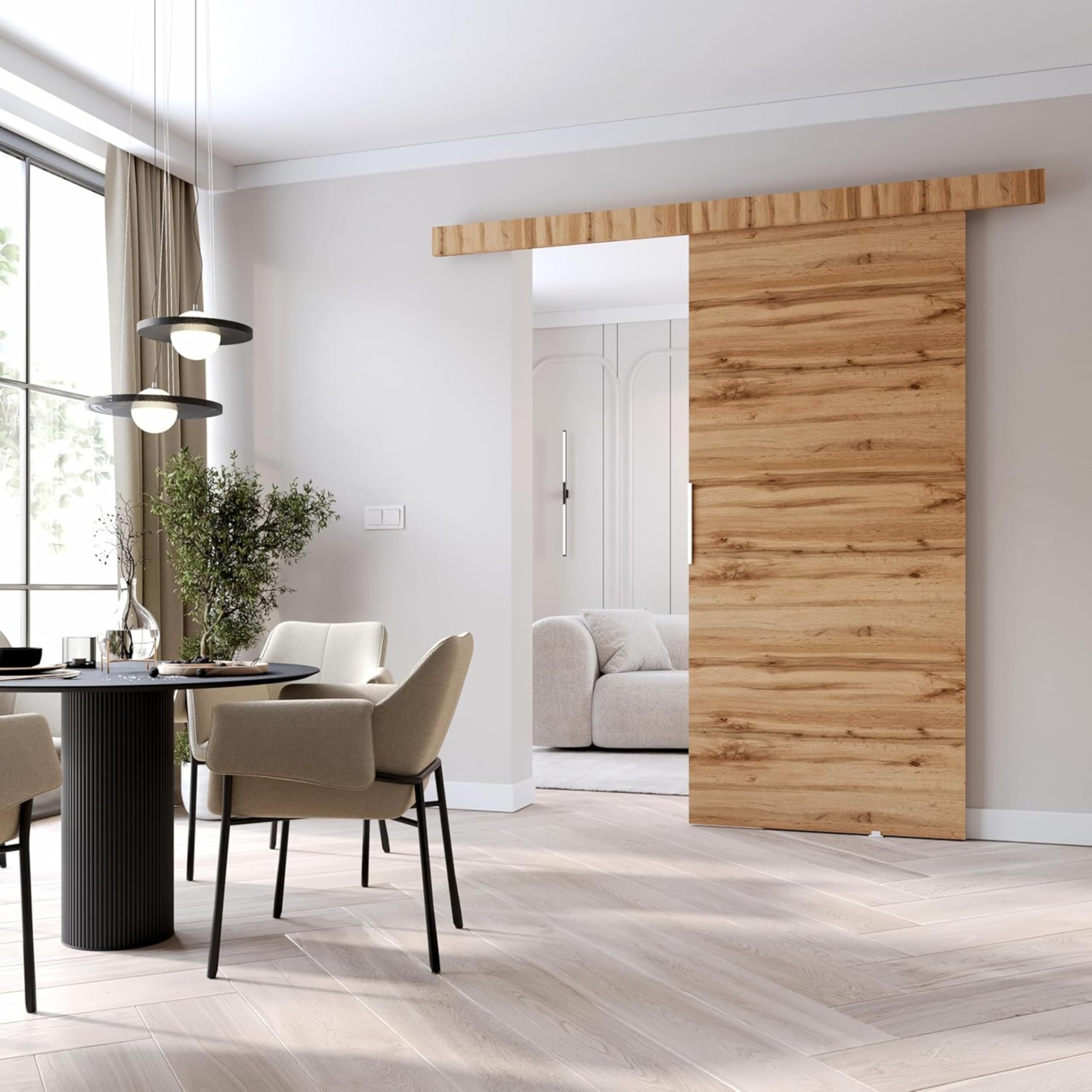 MINIO go for it - Schiebetür Komplettset CLEAN A Schiebetüren 106 cm Breit | Wandmontage, Schiebetürsystem, Zimmertüren - Wotan Eiche / Schwarz