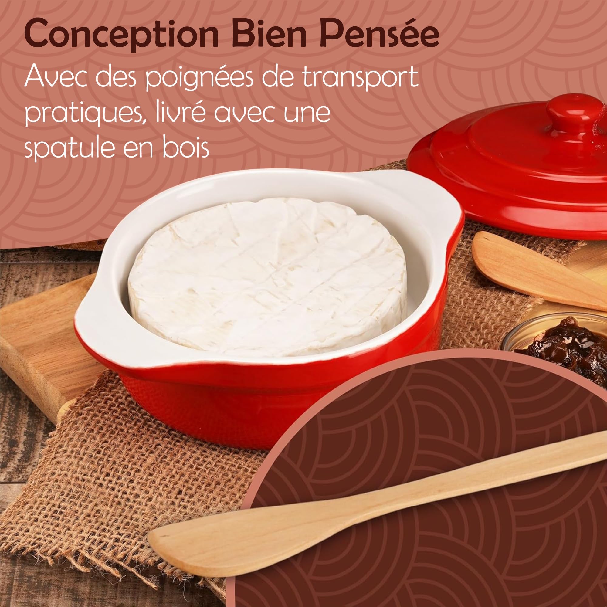 Muldale Plat de cuisson à camembert – Rouge – Plat de cuisson à brie sans plomb avec couvercle – 14 cm – Avec épandeur et boîte