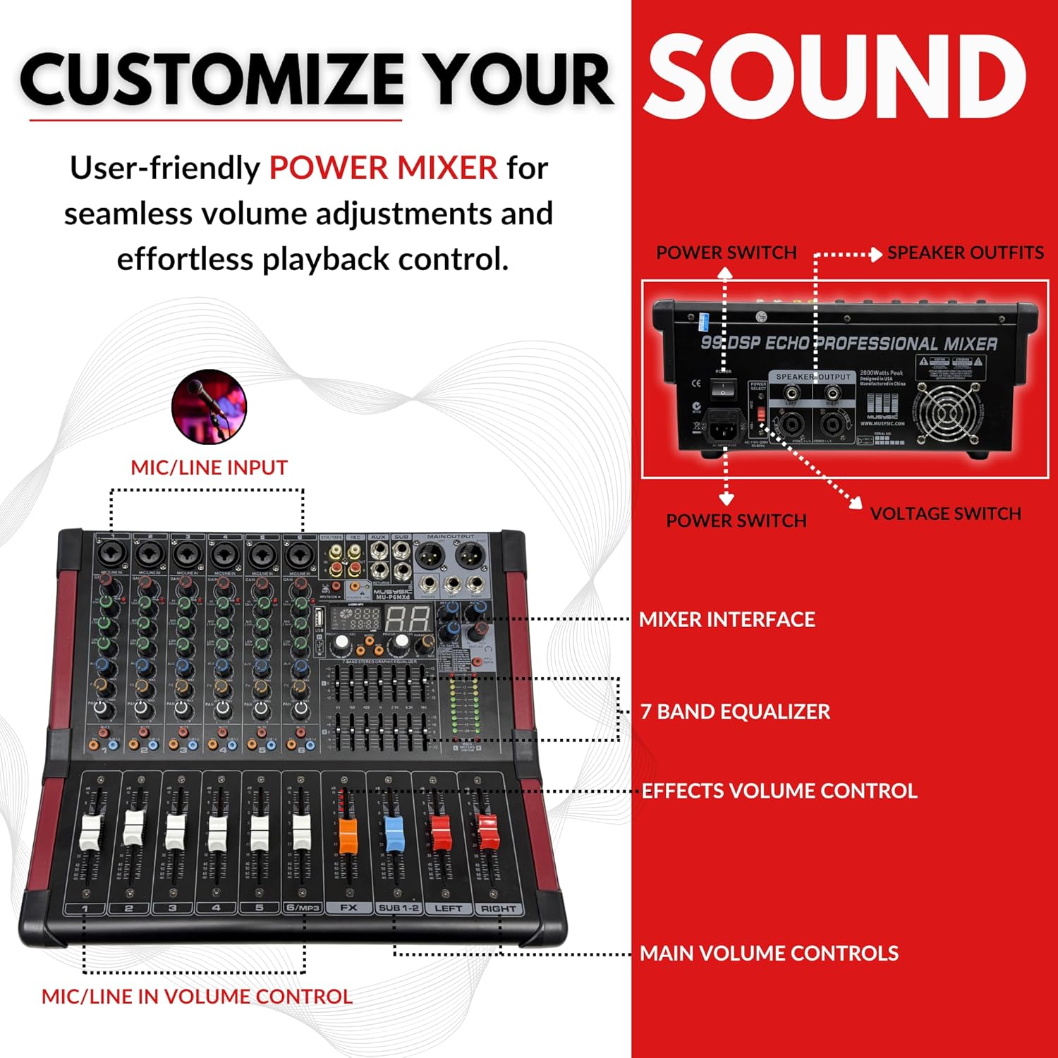 MUSYSIC Portable PA System with Wireless Microphone and Speakers – 6 Ch Audio Mixer with Built-in 2000W Amp & Wireless UHF Microphone System, Multiple Inputs, Complete w/Stands - 12" Speaker 1000W - Image 3