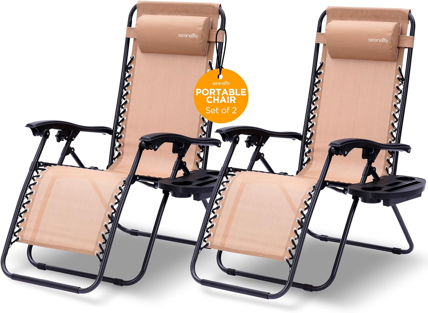 SereneLife Zero Gravity Outdoor Lounge Chairs 2 Pack – Folding Recliners with Side Table, Cup Holder & Padded Headrest – Adjustable Patio Chairs for Lawn, Garden, Deck, Camping (Cream)