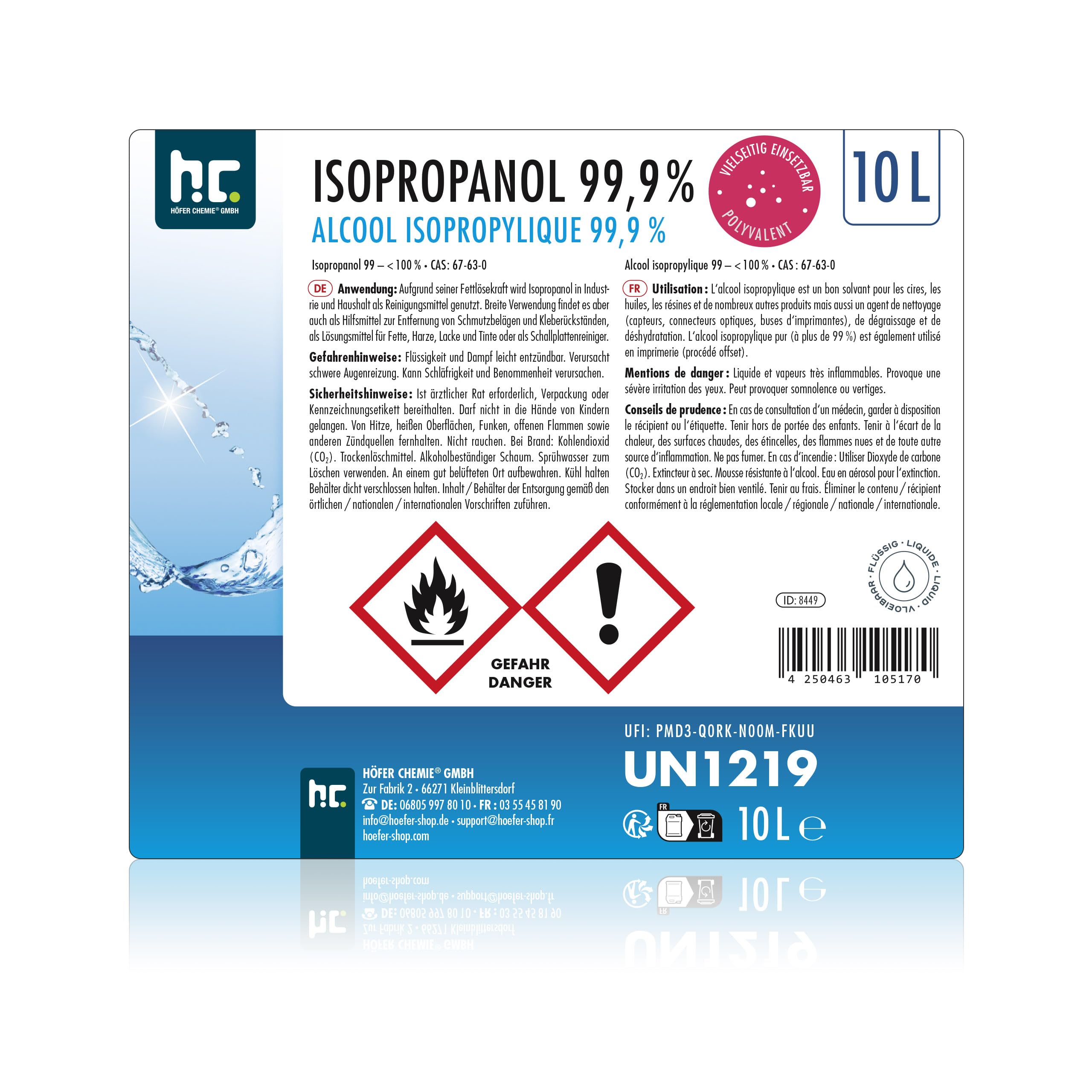 Höfer Chemie Alcool Ispopropylique 12 X 10 L (120 L) - Isopropanol 99,9% (IPA) pour Nettoyer et Dégraisser - Solvant Puissant - Polyvalent