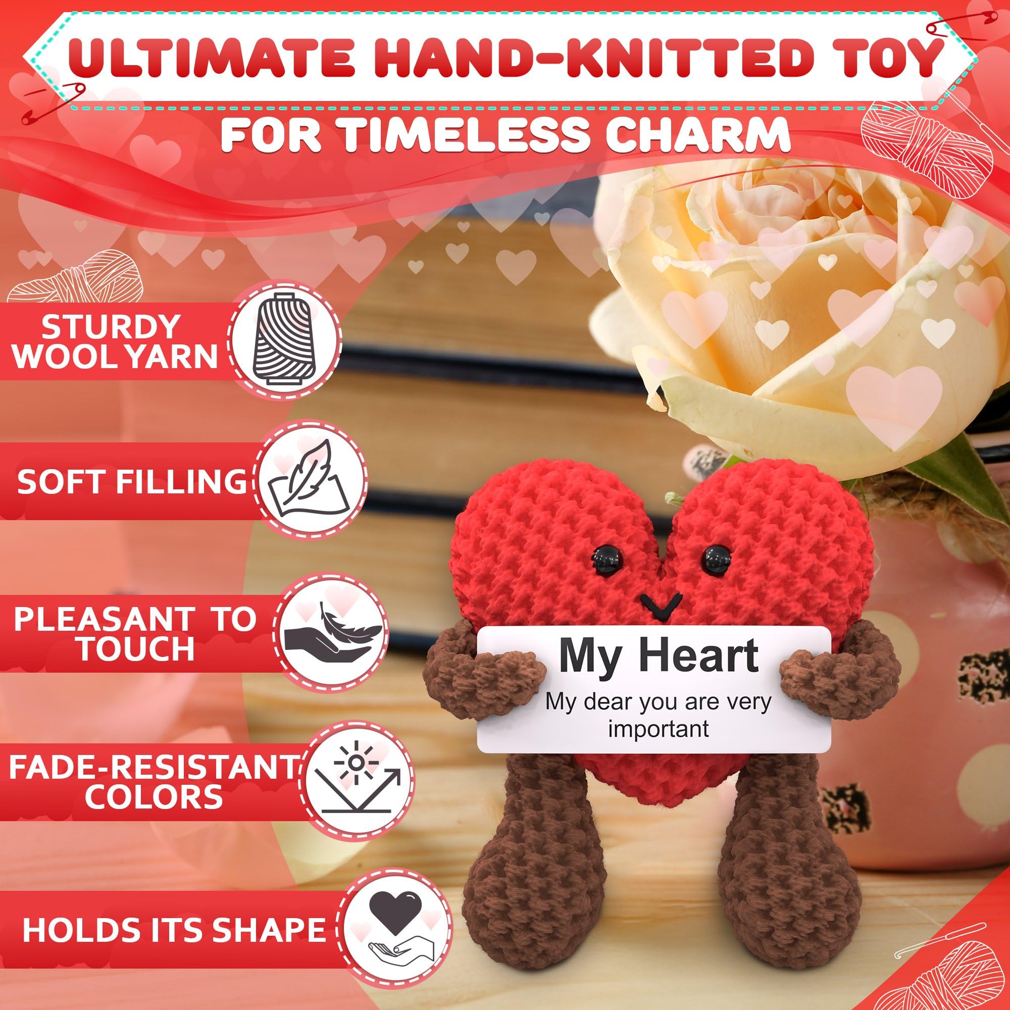 Reluen Heart Plush Gift for Her, Him - Mom Day Gifts Crochet Plushies Stuffed Hearts for Wife | Crochet Heart Soft Knitted Encouragement Support Keepsake for Girlfriends, Mother, Wife