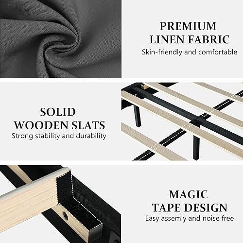 Miniatura 136 de BarnFurin Base de cama de tamaño matrimonial con cabecero, cama de plataforma tapizada con cabecera capitonada con botones ajustables, marco de cama