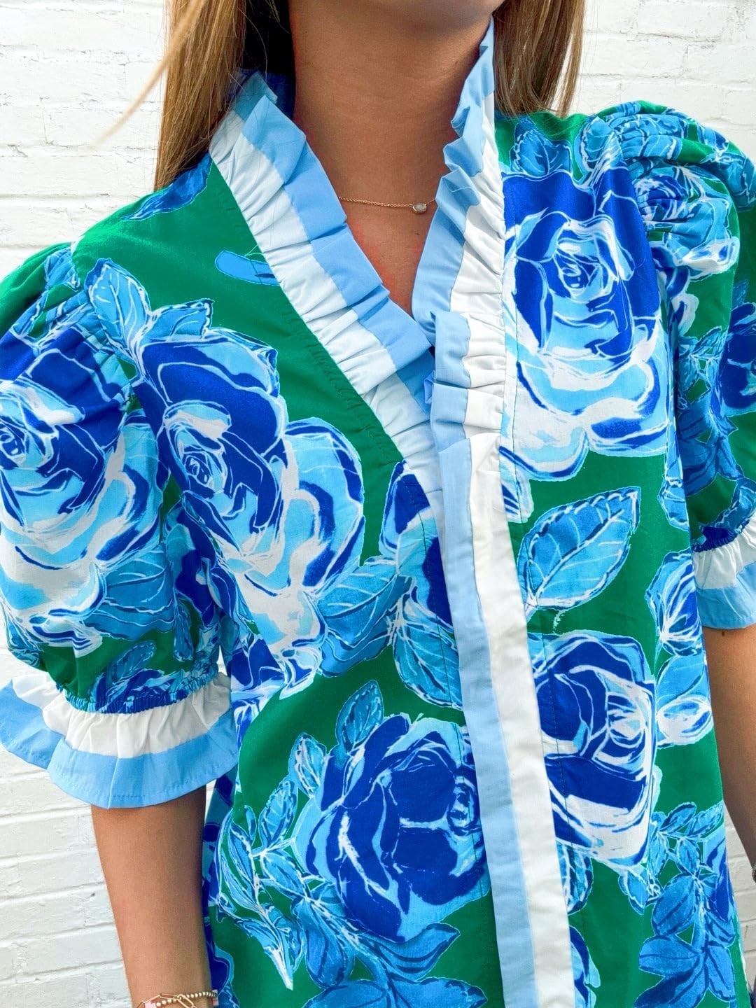 Womens Ruffle Trim Floral Blouse Short Puff Sleeve V Neck Button Down Shirts Top - Image 5