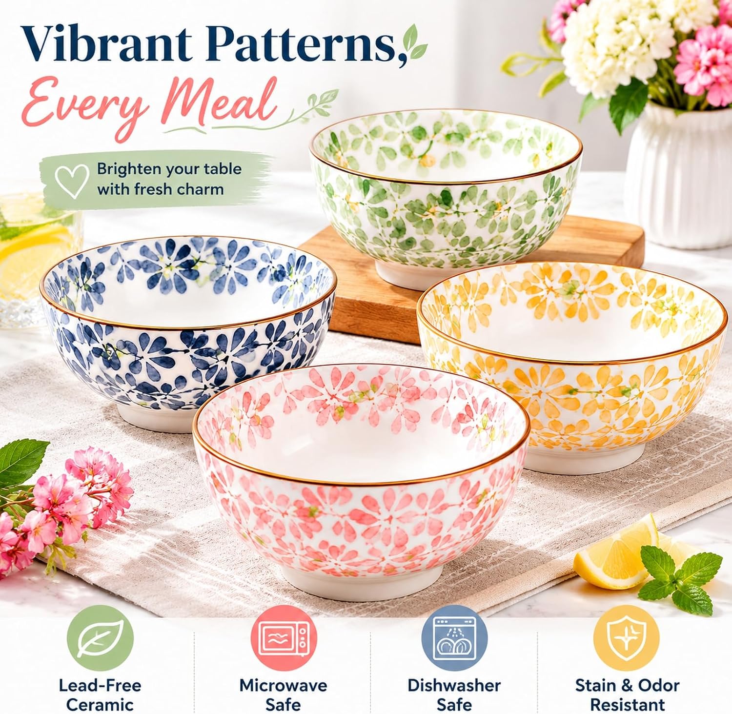 4-Piece Set of Ceramic Rice Bowls, Cute Floral Porcelain Snack Bowls for Salads, Desserts, and Everyday Meals (4.41 x 4.41 x 2.28 Inches)
