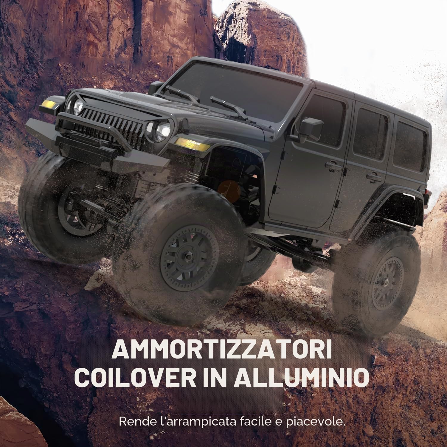 FLYCOLOR RCS24 Off Road 1/24 RC Truck 4x4 Off Road Crawler veicolo da arrampicata All Terrain RC Monster Truck telecomando auto con faro luminoso 2 batterie impermeabile giocattolo hobby (RTR nero)