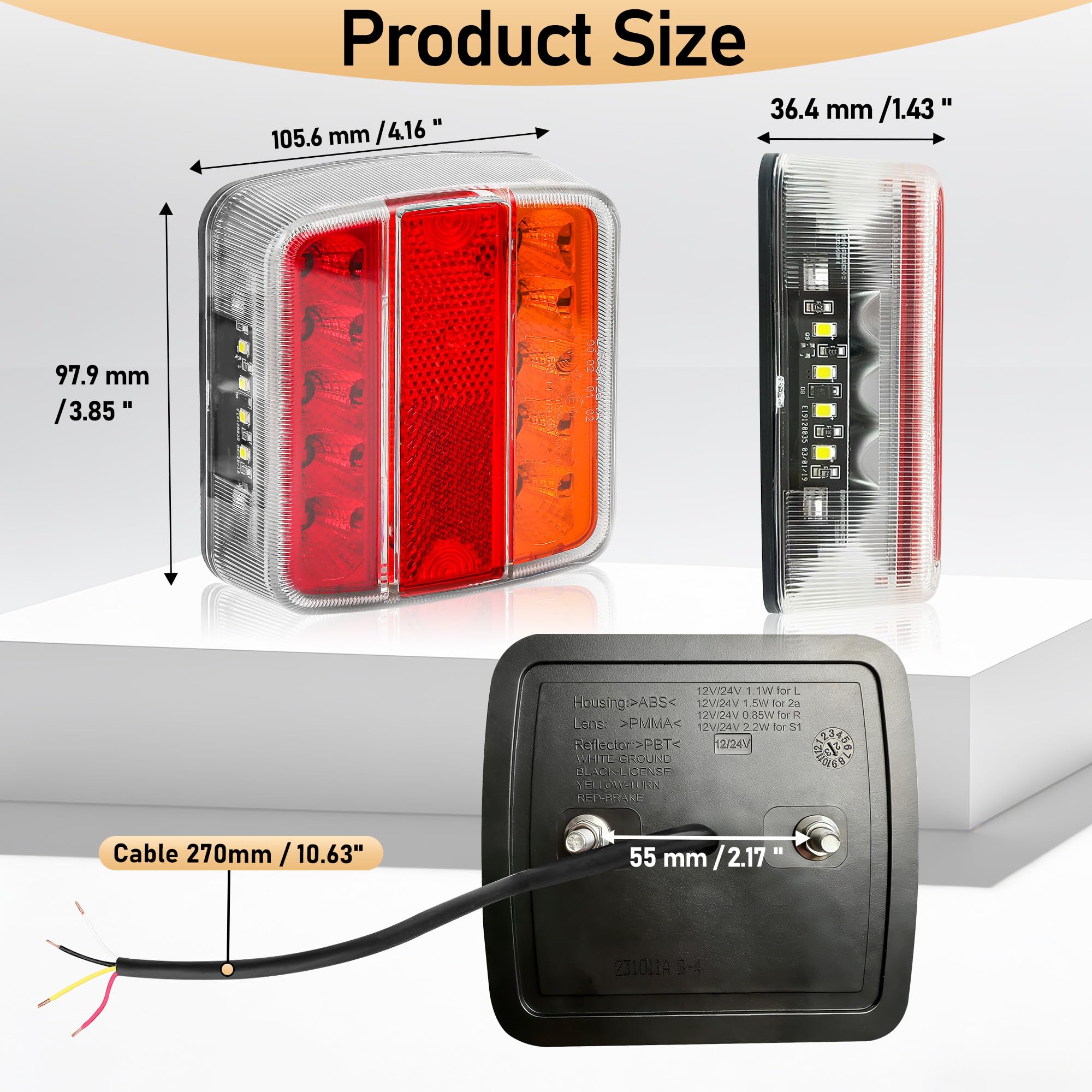 Quadrato Fanali Posteriore Rimorchio LED Omologati E-Mark 12V/24V Impermeabili IP67, 5-in-1 Rosso(Luce di Frecce/Posizione/Targa/Freno/Riflettore) Fissaggio con Perno Per Rimorchio Furgoni