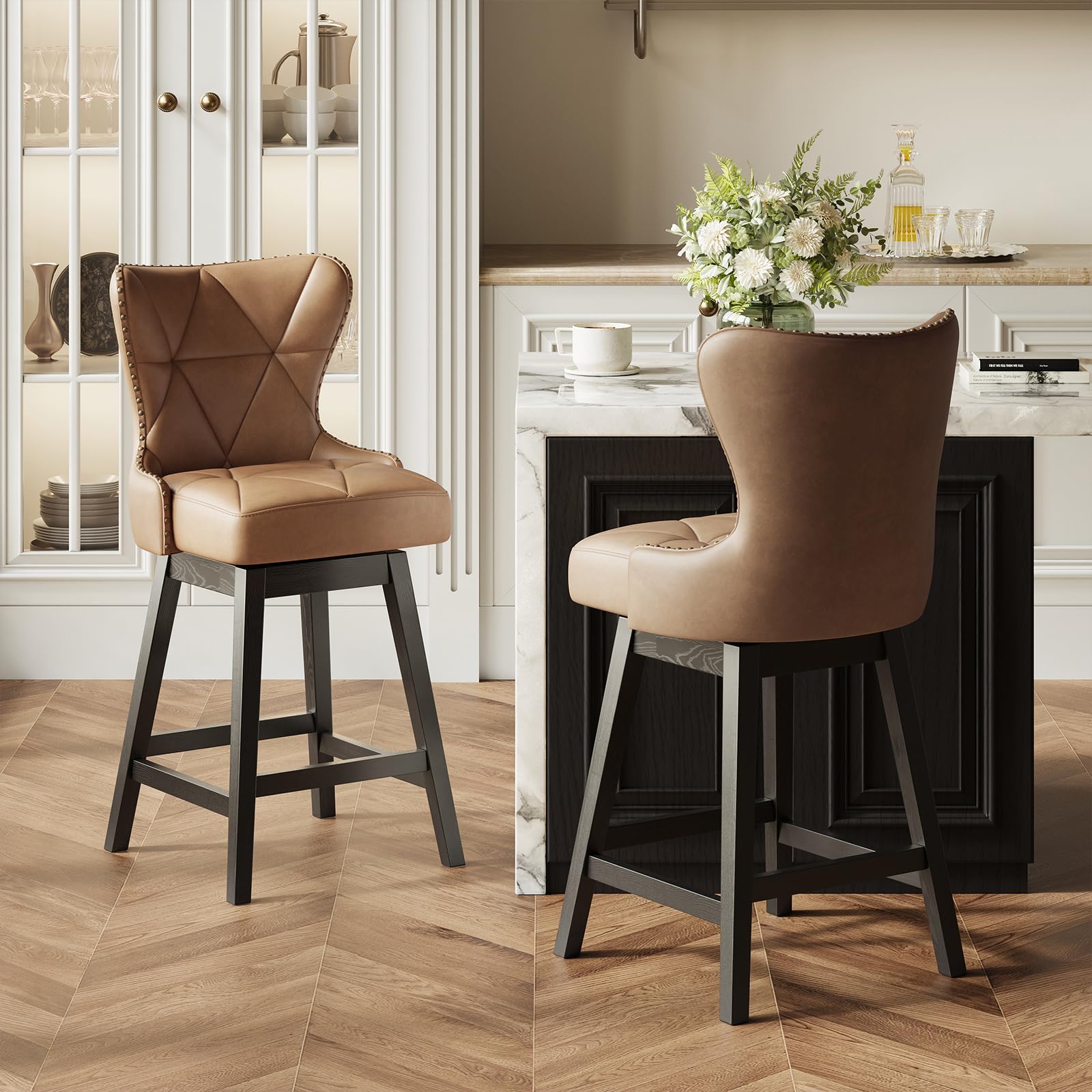 MALOL Swivel PU Leather Bar Stools Set of 2 with Backs, 39.76 Counter Height Bar Chairs, Modern Bar Height Stools for Kitchen Island? Mid Century Barstools?Brown
