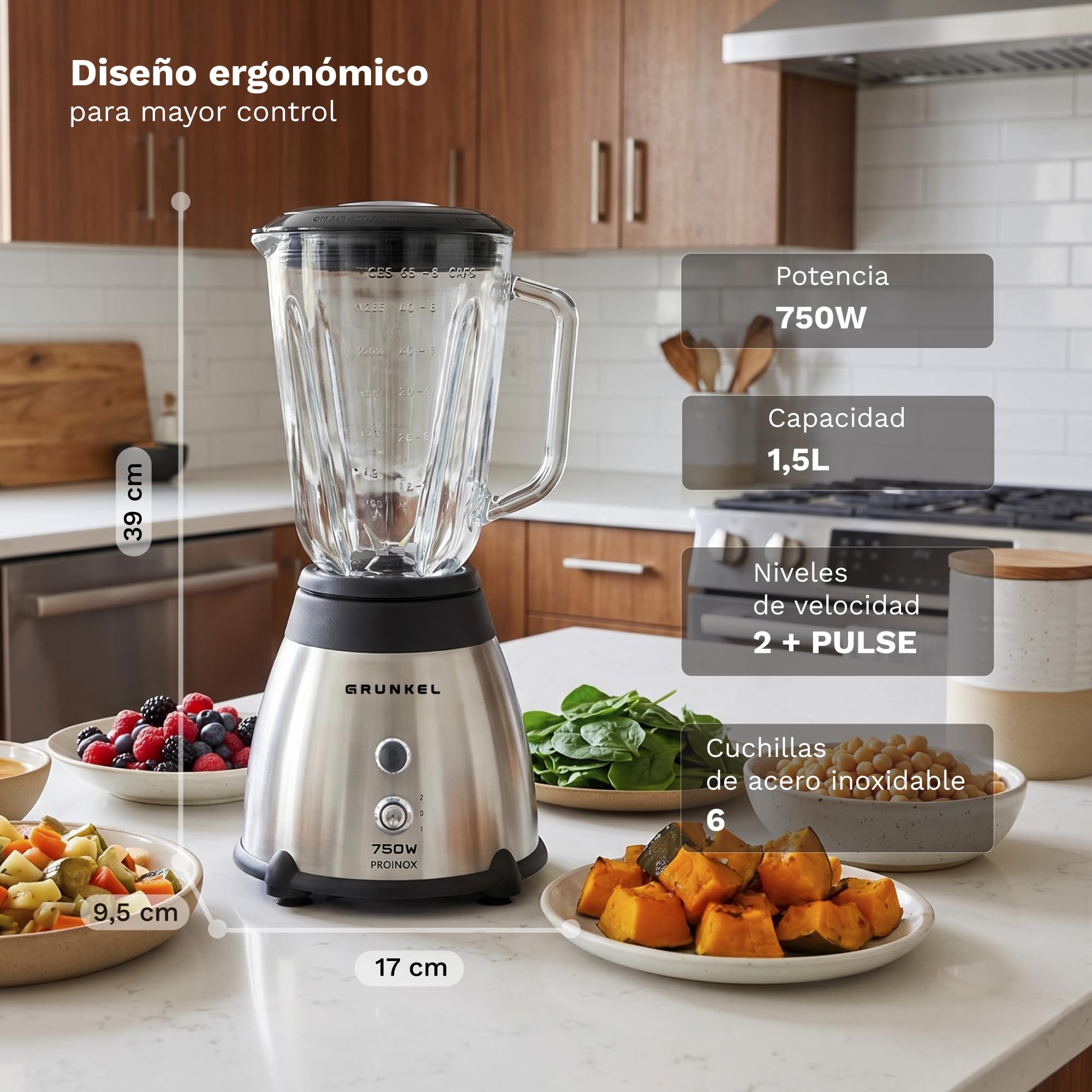 Grunkel batidora de vaso de 1 a 1,5L y de 500 a 2000W con vaso extraible de cristal. De fácil limpieza y de 2 a 4 niveles y Turbo (1,5L 750W)