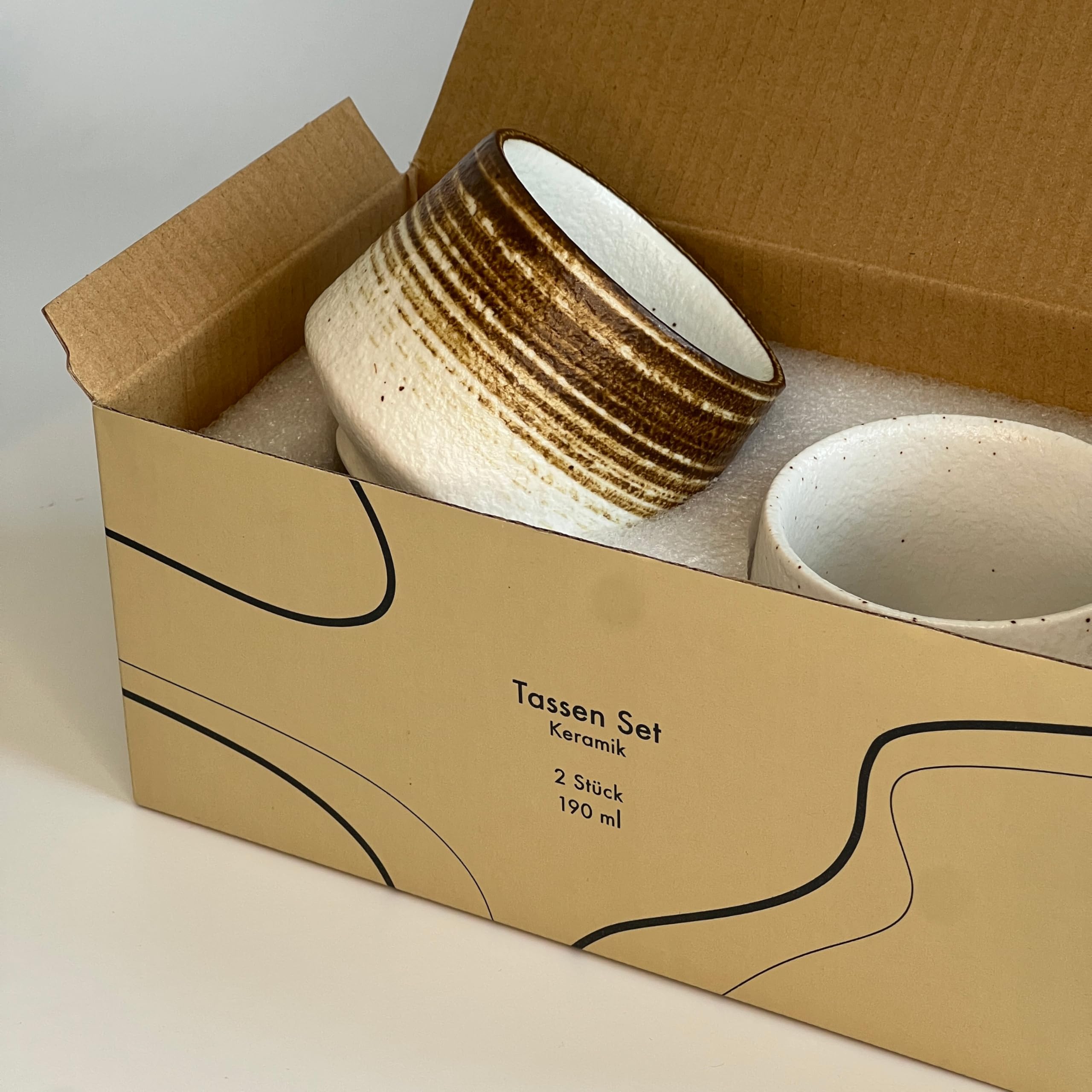 shizuro Set di tazze giapponesi – 2 pezzi da 190 ml – tazza in ceramica di alta qualità per caffè, cappuccino e tè – sostenibile asiatica vintage – design retrò moderno (marrone bianco)