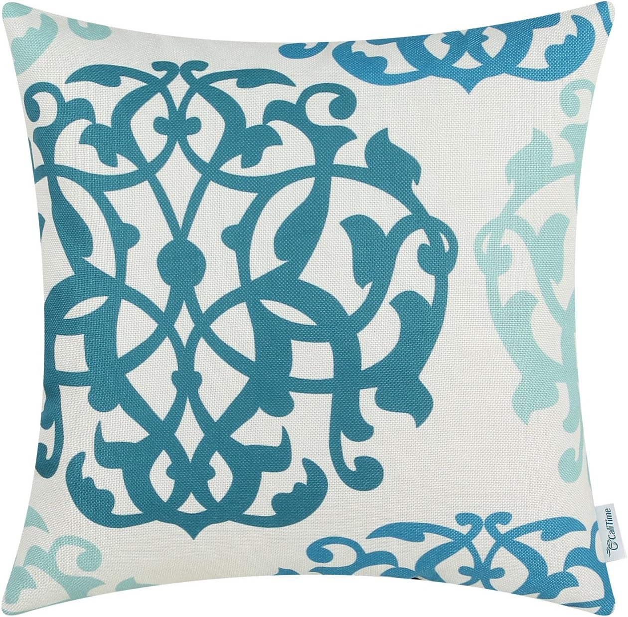 CaliTime Canvas Throw Pillow Cover Case for Couch Sofa Home Decoration Three-Tone Floral Compass Geometric 20 X 20 Inches Ink Blue/Aqua Blue/Duck Egg