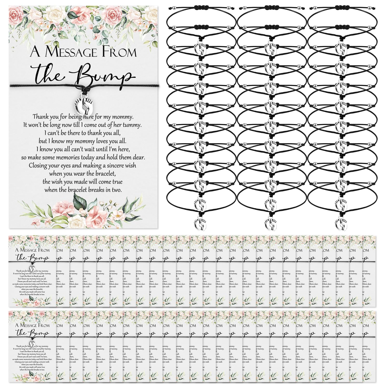 Thyle 50 juegos de recuerdos de baby shower para invitados, 50 pulseras ajustables con 50 mensajes de las huellas de la tarjeta Bump, pulseras de baby shower para revelación de género, regalos de