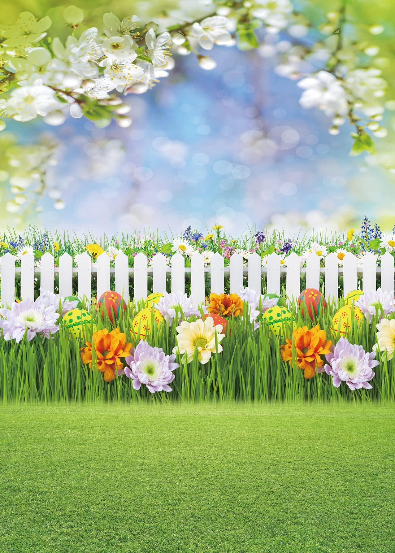 Toile De Fond Photographie Pâques 5x7 FT – Jardin Printanier, Lapins, Œufs Colorés, Herbe & Clôture – Idéal Bébé & Enfants