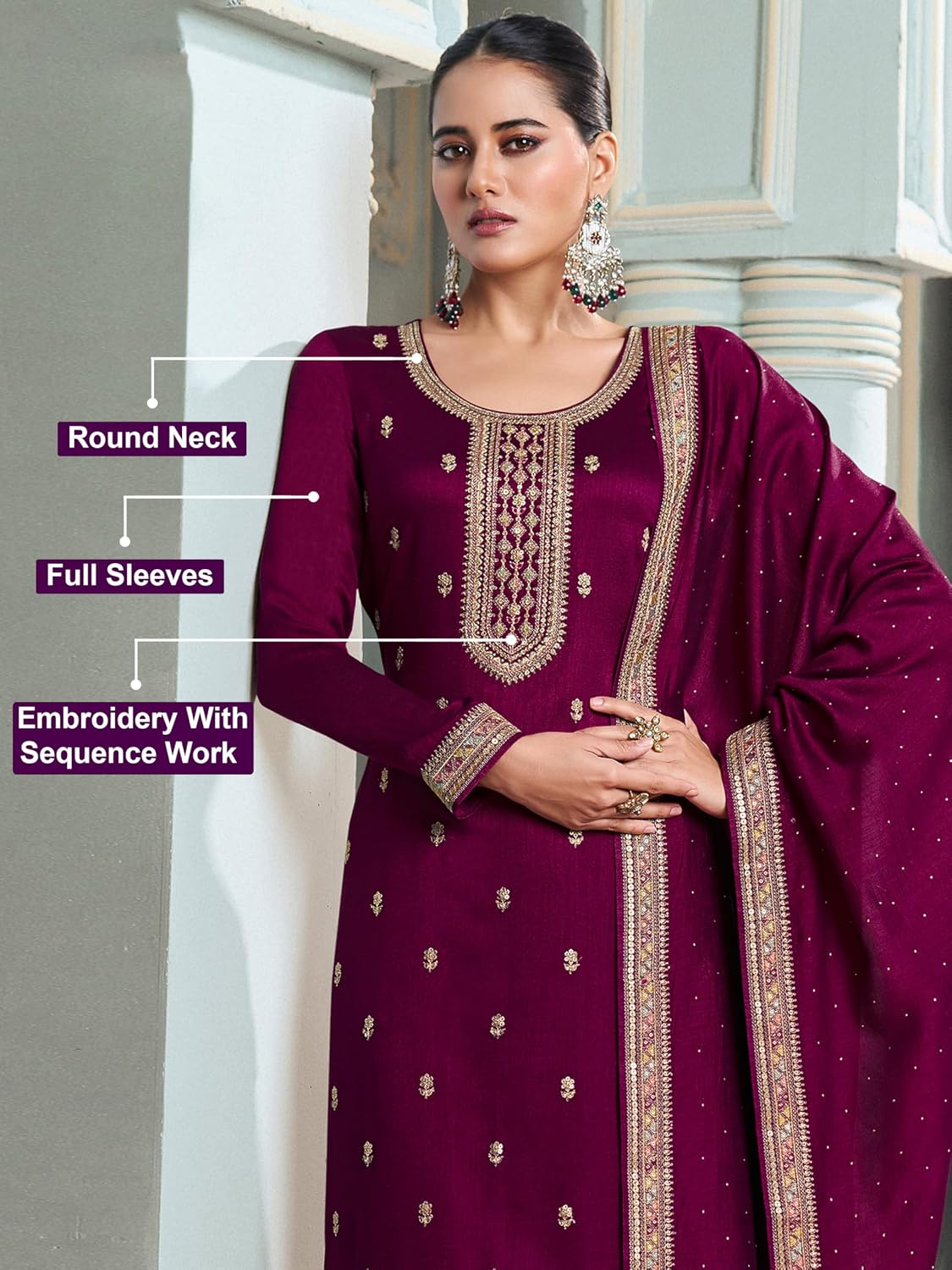 TRENDMALLS Women's Art Silk Embroidery Sequence Work Salwar Suit Set Kurta Pant with Dupatta For Women