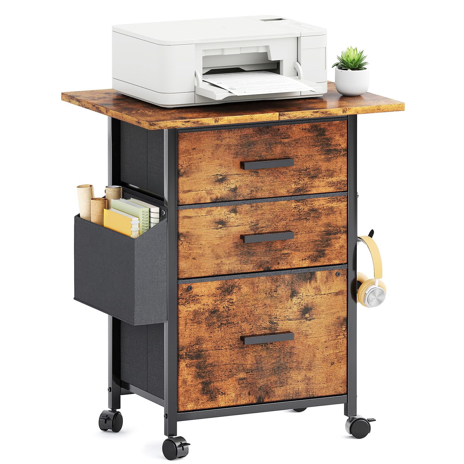 CAIYUN Meuble de classement à roulettes, avec 3 tiroirs et roulettes, pour Documents A4, Format Lettre, Support d'imprimante avec Une Largeur de Table de 56 cm, Design Industriel, Marron Vintage