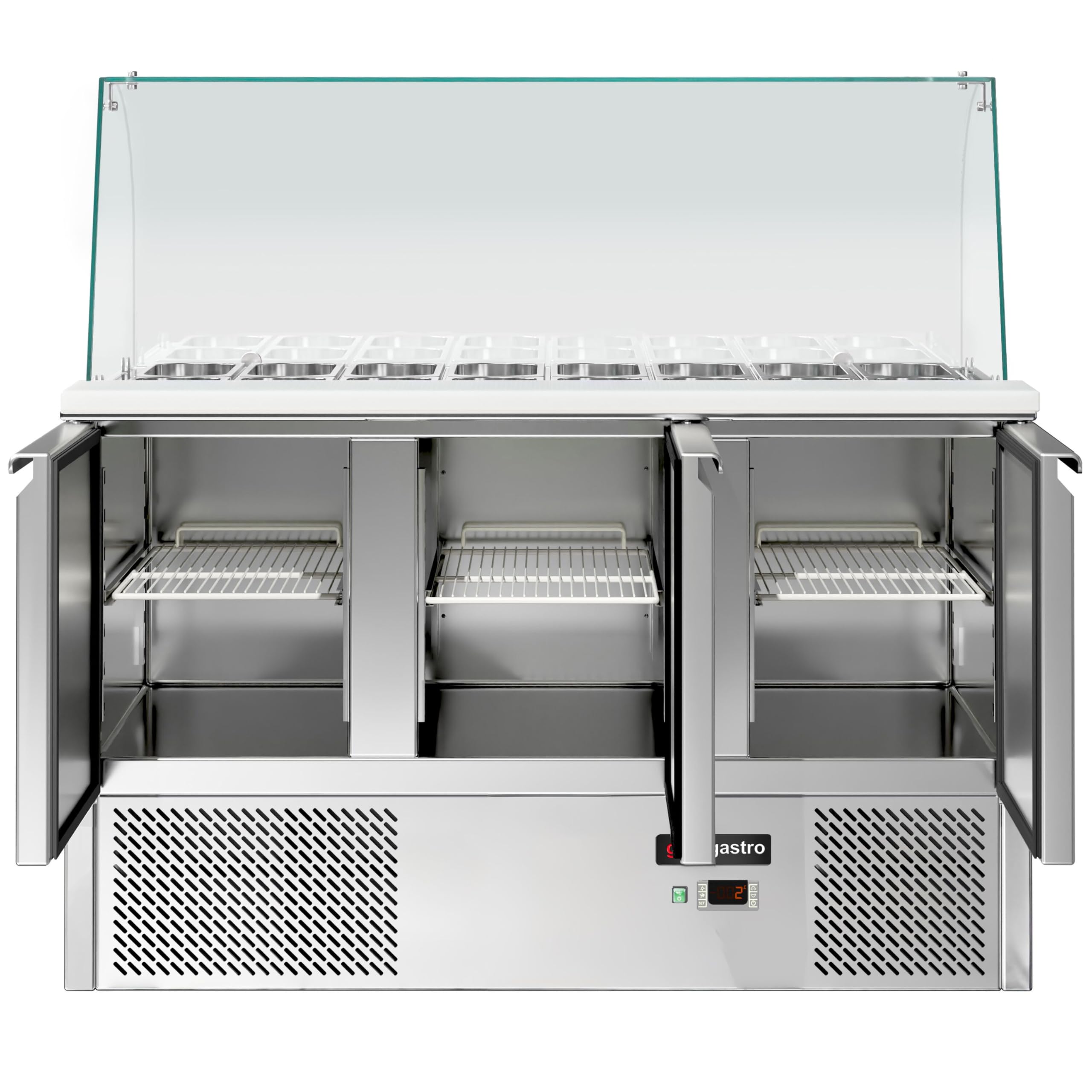 GGM Gastro Saladette ECO - 3 Puertas - 260 Litros - Parte Superior de Vidrio Alto - 4x GN 1/1 - Acero Inoxidable - Aislamiento de Poliuretano de 4 cm - Termostato - SAG147DRG#GSG147#07