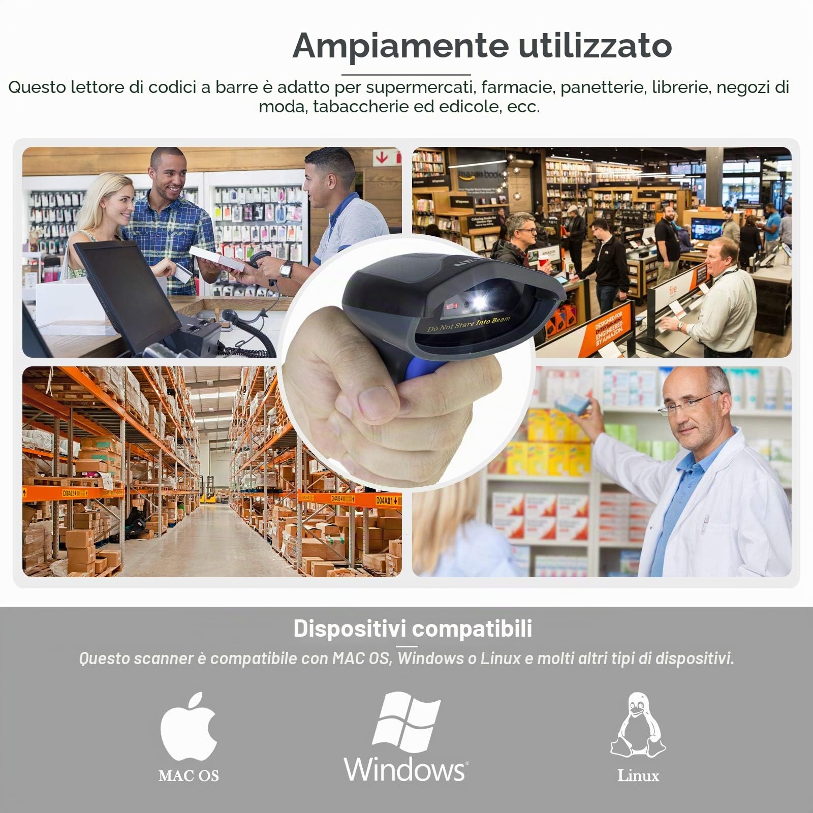 W8-X Lettore Codici a Barre 2D (2,4 G wireless e Bluetooth e cavo USB) Barcode Scanner con QR PDF417 DataMatrix Maxicode per telefoni cellulari, Android,iOS,ipad,PC,Windows,MAC OS.