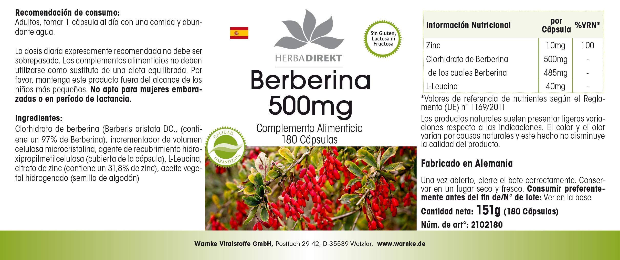 Berberina HCl 500mg + Zinco - altamente dosata - vegana - 180 capsule | HERBADIREKT by Warnke Vitalstoffe - Qualità da farmacia tedesca