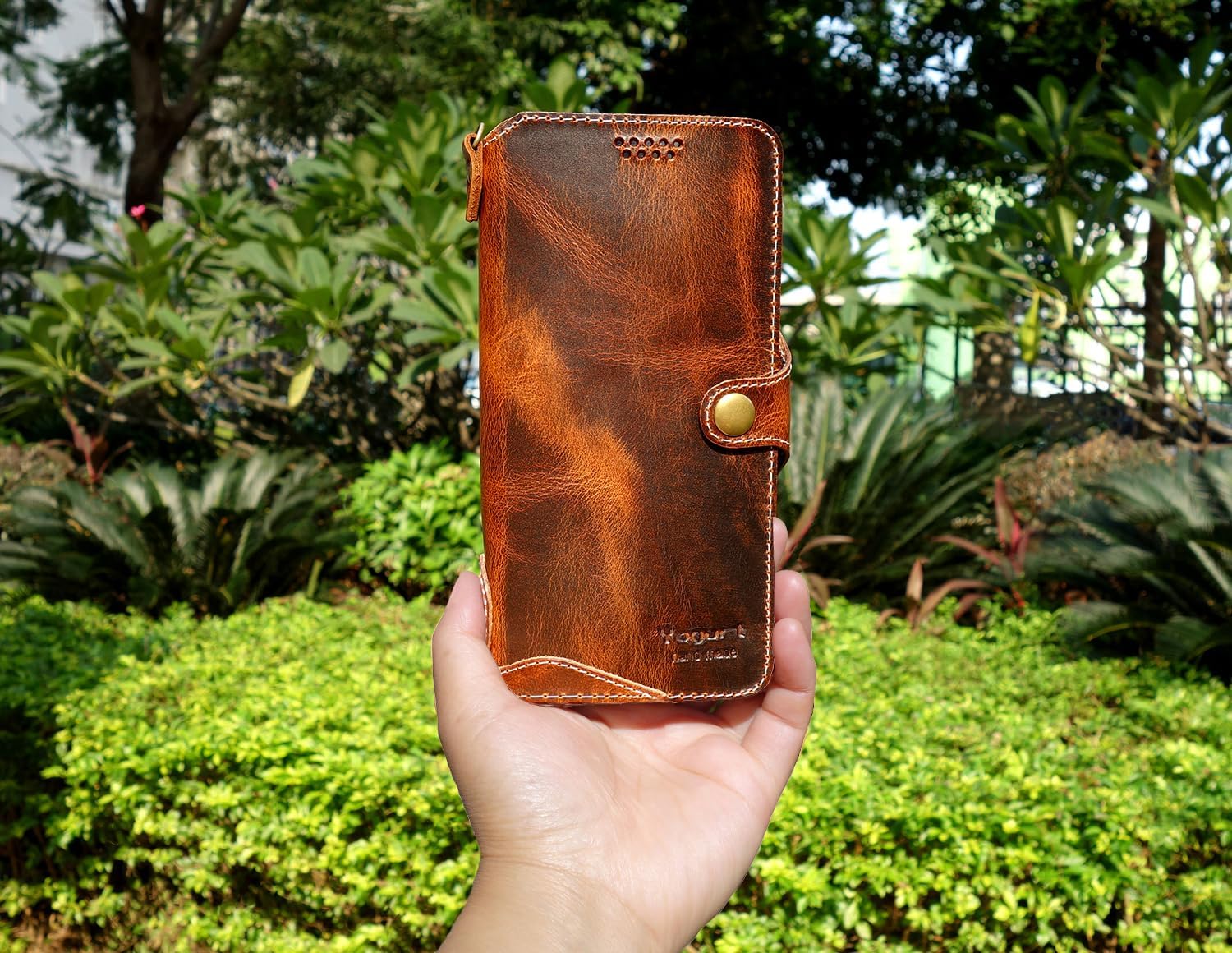 Yogurt Case Compatible for iPhone 17 Pro, Genuine Leather Wallet Cover Compatible for iPhone 17 Pro, 6.3-inch Handmade Dark Brown