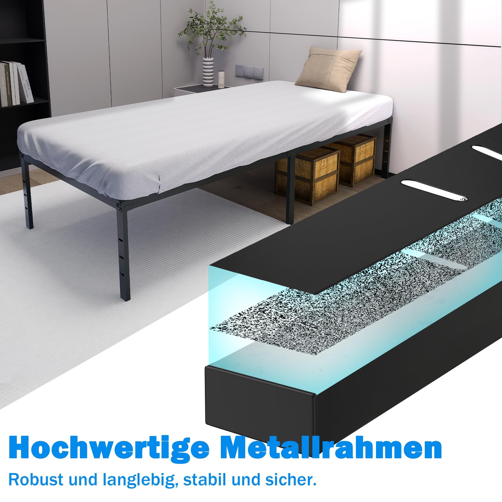 LZQ Cadre de lit en métal 90 x 200 x 41,5 cm - Cadre de lit pliable pour chambre à coucher, chambre d'amis, grand espace de rangement