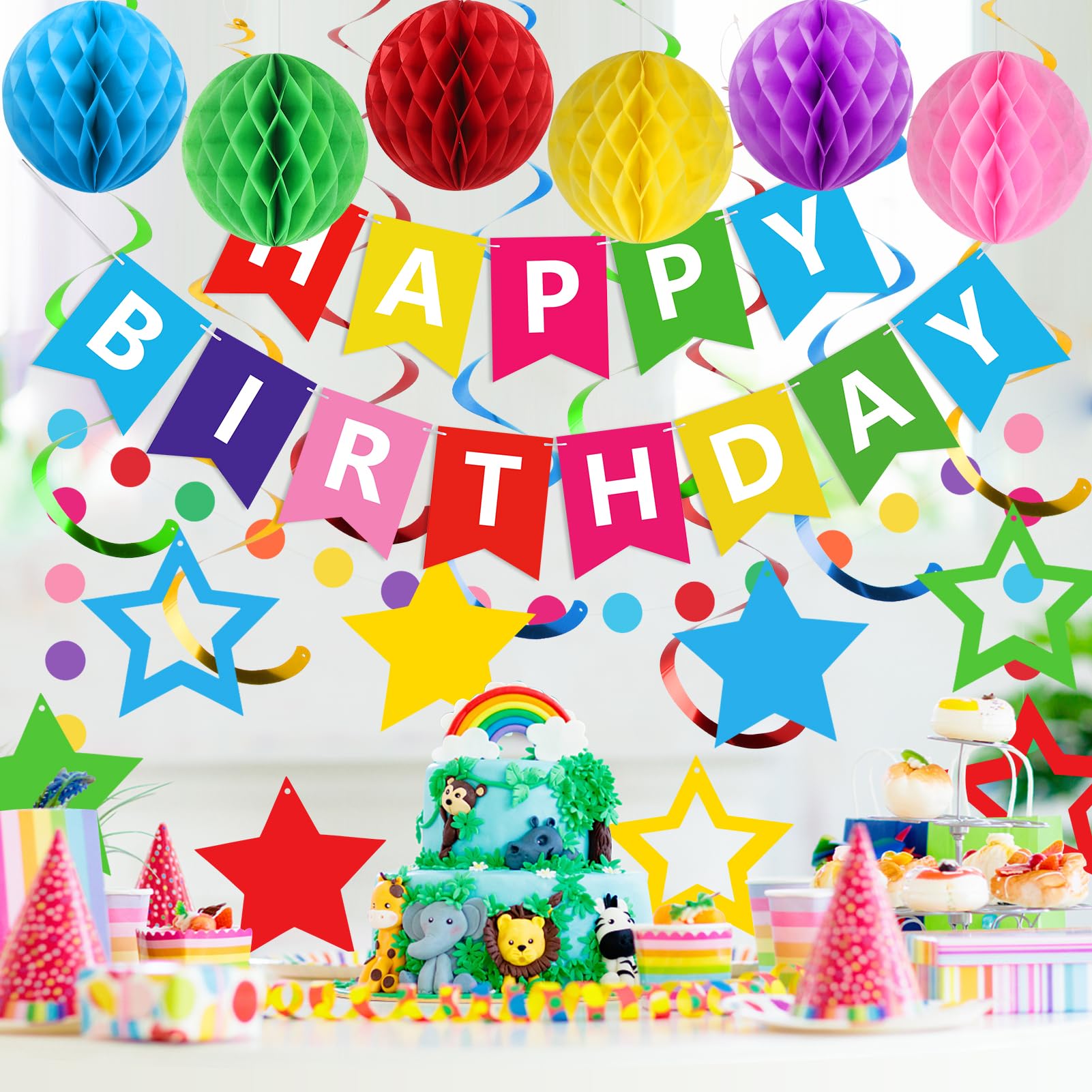 meowtastic Birthday Decorations, Happy Birthday Banner with Honeycomb Balls, Stars Hanging Swirls Streamers, Circle Dots Garland, Happy Birthday Party Decorations for Women Men Boys Girls (Rainbow)