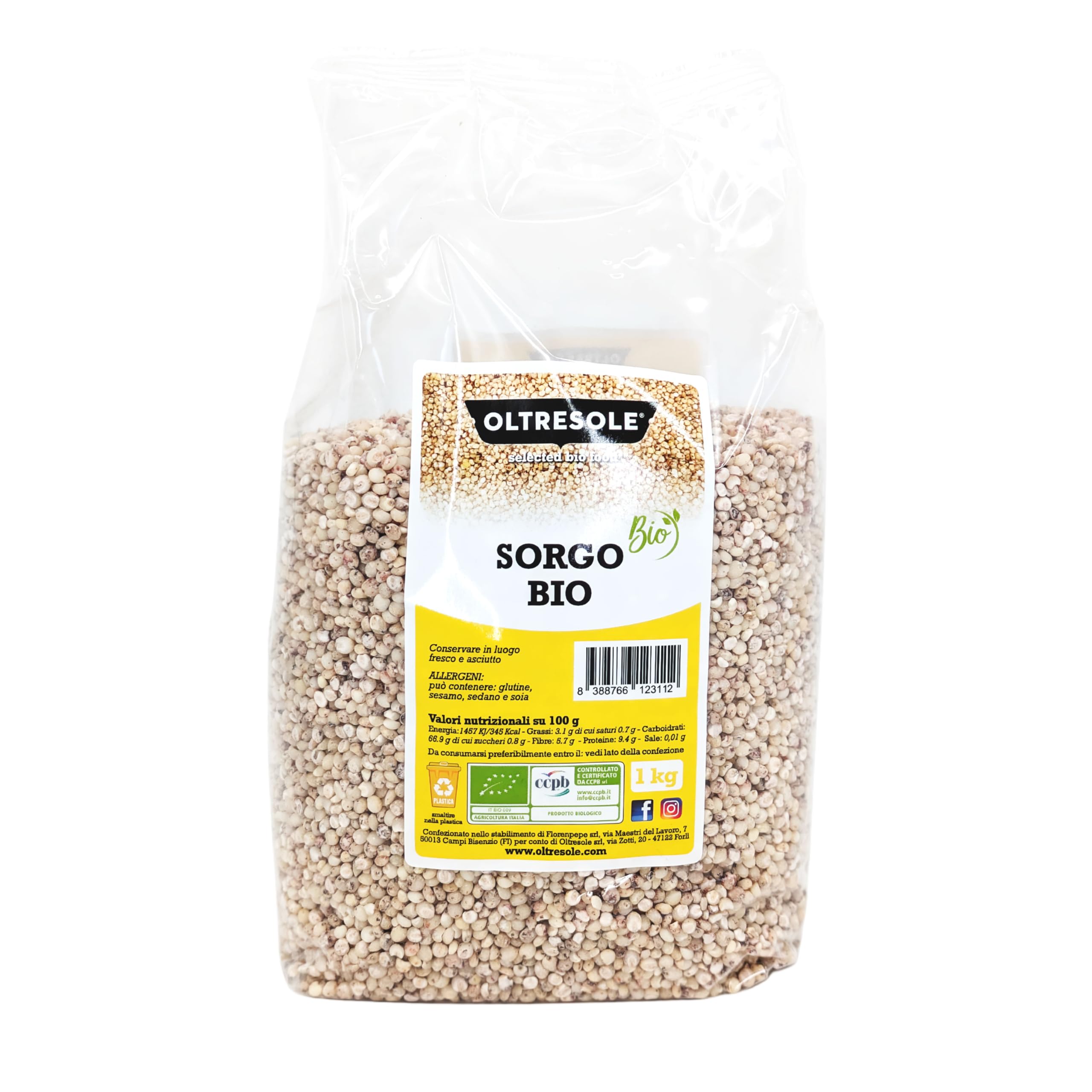 Oltresole, Sorgo Blanco Decorticado Ecológico 1 Kg, Grano Crudo, Producido en Italia por Agricultura Ecológica, Pack Ideal para Familias